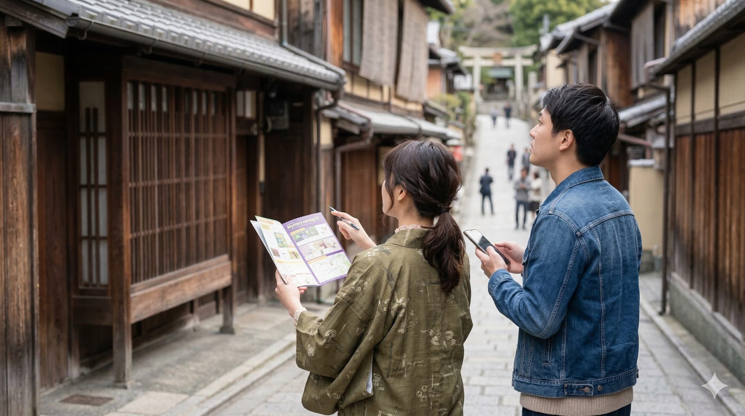 京都の石畳の路地で、謎解きキットの地図とスマートフォンを手に、周囲の建物の特徴を確認しながら歩く日本人カップルの後ろ姿。