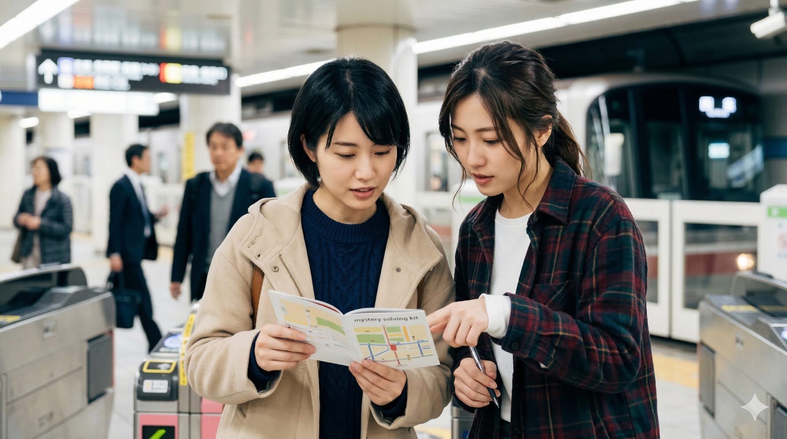 京都市営地下鉄のホームで、次の目的地を確認するために、謎解き冊子を開きながら相談する日本人女性二人組。背景には地下鉄車両。
