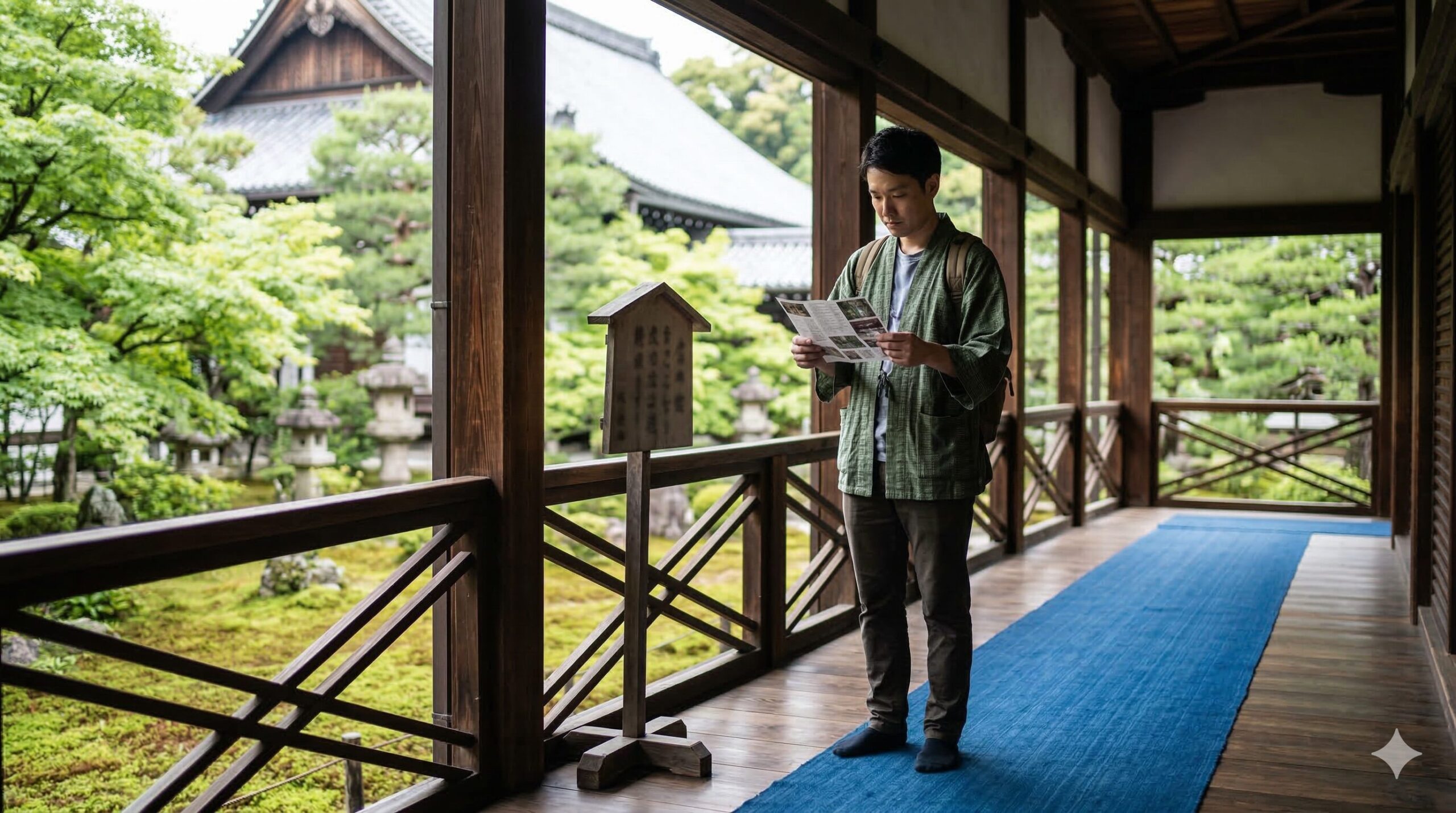 京都の静かな寺院の境内で、鴬張りの廊下の案内板の前で足を止め、解説を熱心に読む日本人男性観光客。周囲は新緑の庭園。