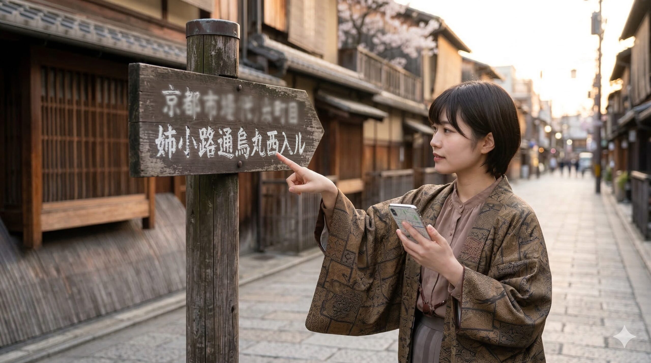 京都の交差点に立つ、古びた木製の住所標識。「姉小路通烏丸西入ル」の表記を指差し、地図アプリと照らし合わせる日本人女性。