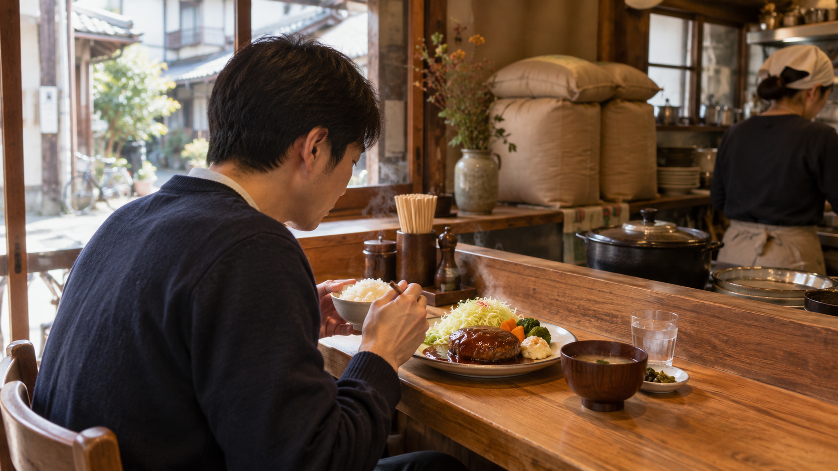 京都西陣の地元食堂で味わうハンバーグランチ
