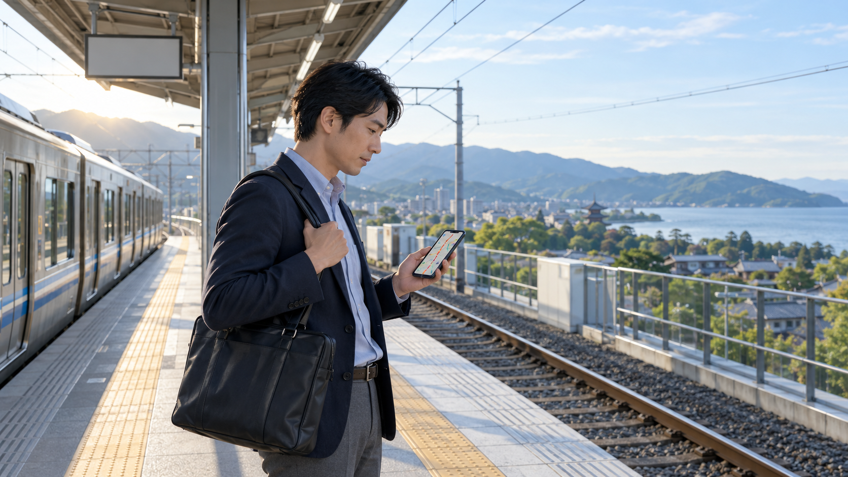 京都企業への転職で京都・滋賀の勤務地と通勤経路を確認する男