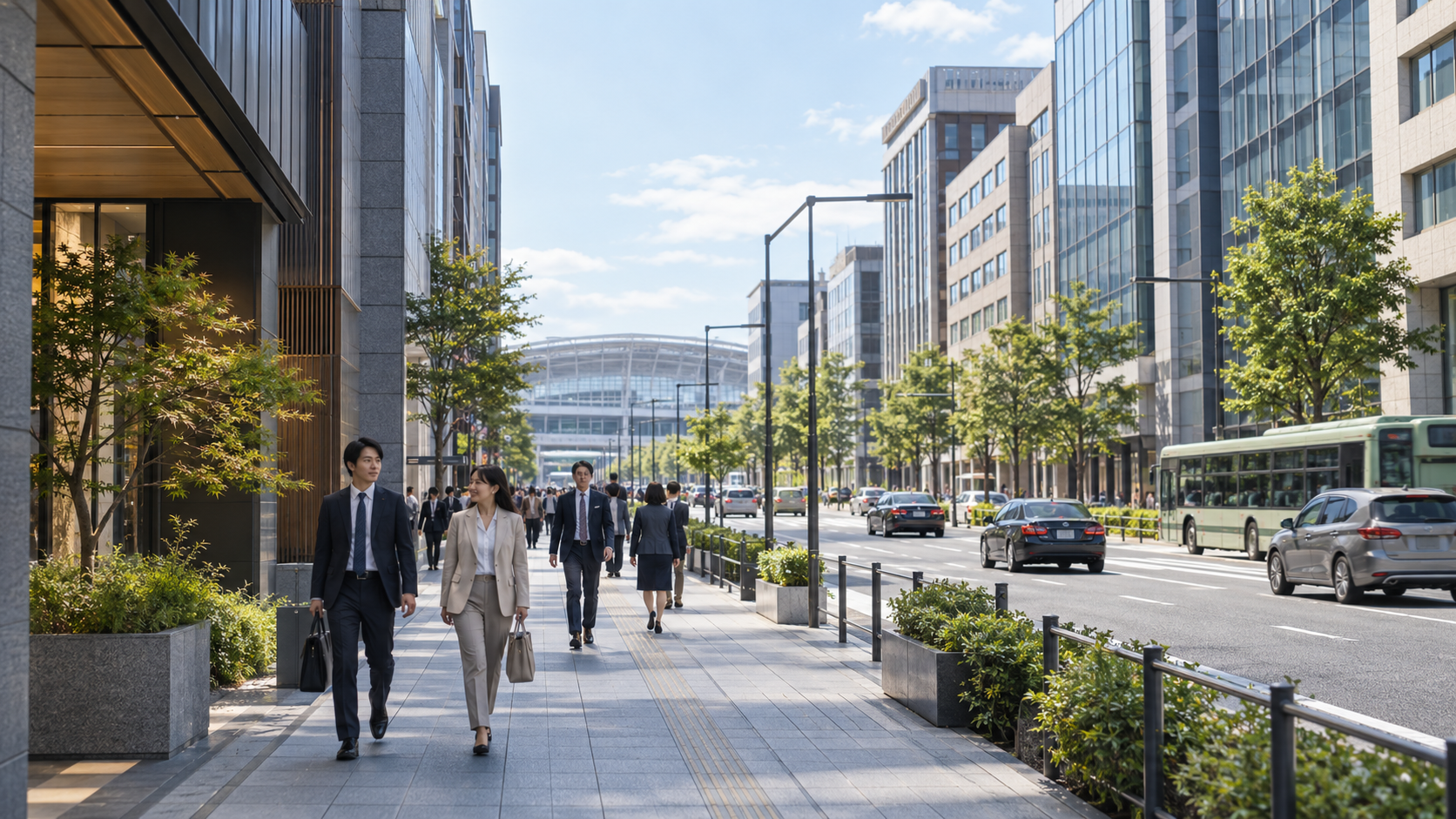 京都駅周辺のオフィス街を歩く日本人会社員