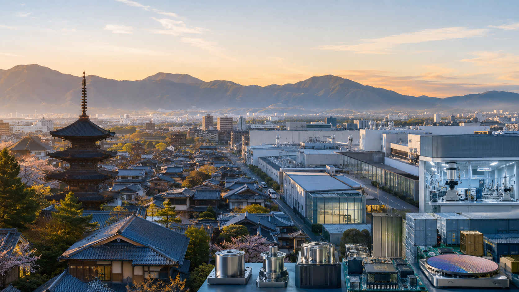 京都の伝統的な町並みと先端産業を支える工場や電子部品