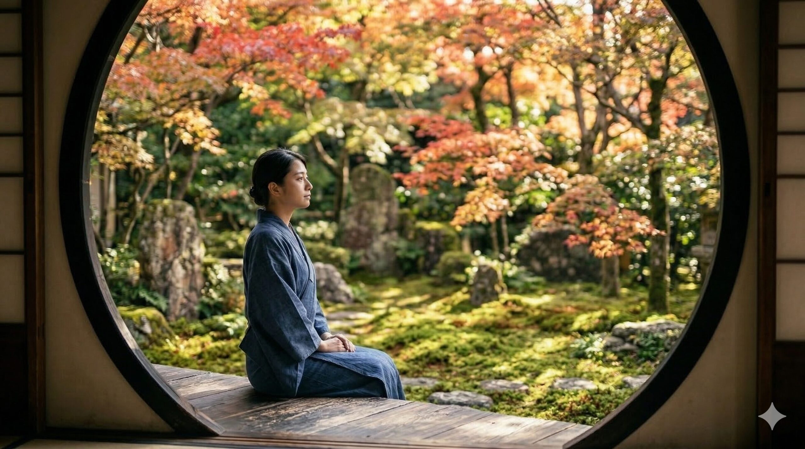 京都の寺院にある円窓から、鮮やかな紅葉と苔の庭園を眺める日本人女性。写真撮影の穴場スポット