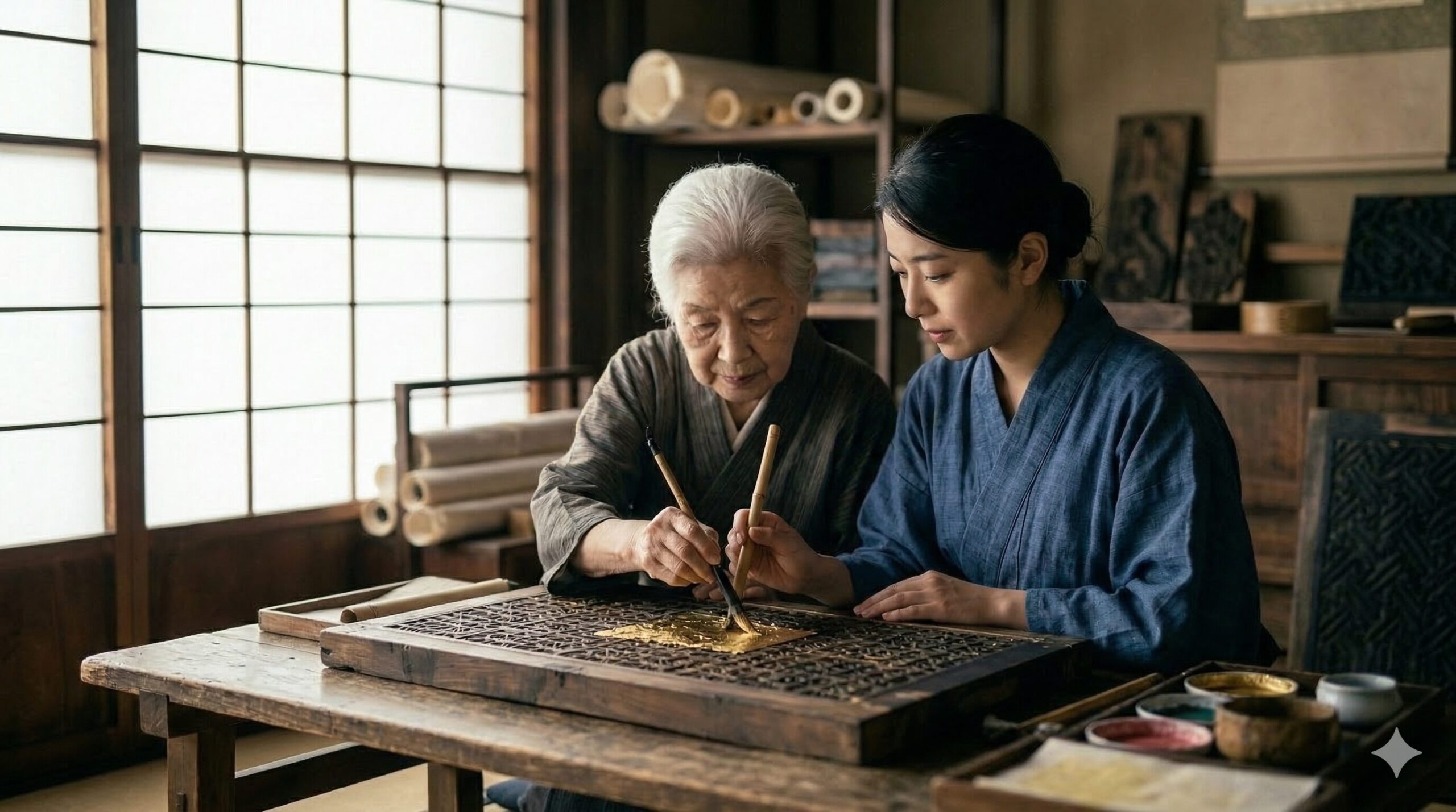京都の伝統工芸工房で、職人と共に京からかみの文様に金箔を施す日本人女性の手元。文化体験の様子