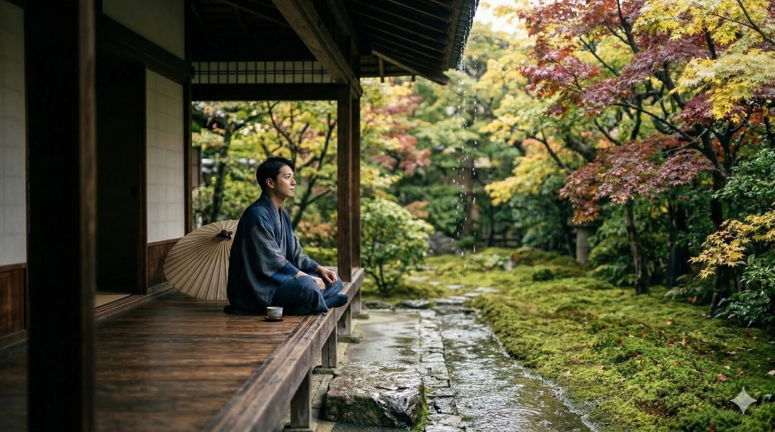 雨に濡れた苔庭と紅葉を、軒下の濡れ縁に座って眺める日本人男性。雨の日だからこそ味わえる京都の静寂。