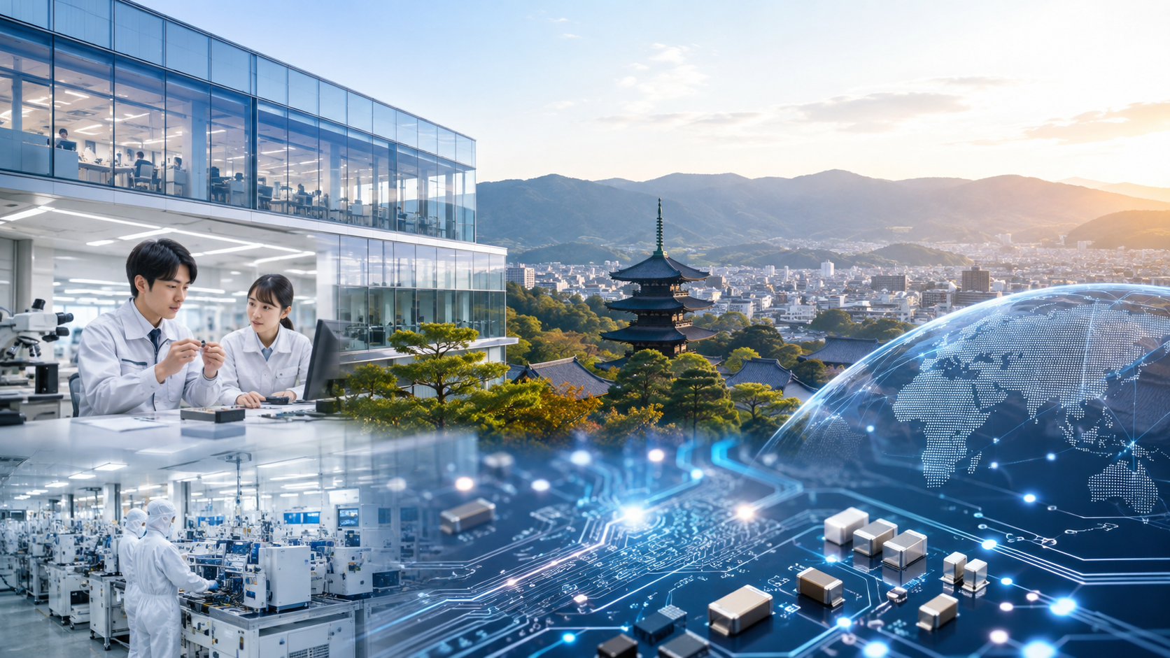 京都発の世界的電子部品メーカー村田製作所を表現した研究開発・製造・電子部品のイメージ