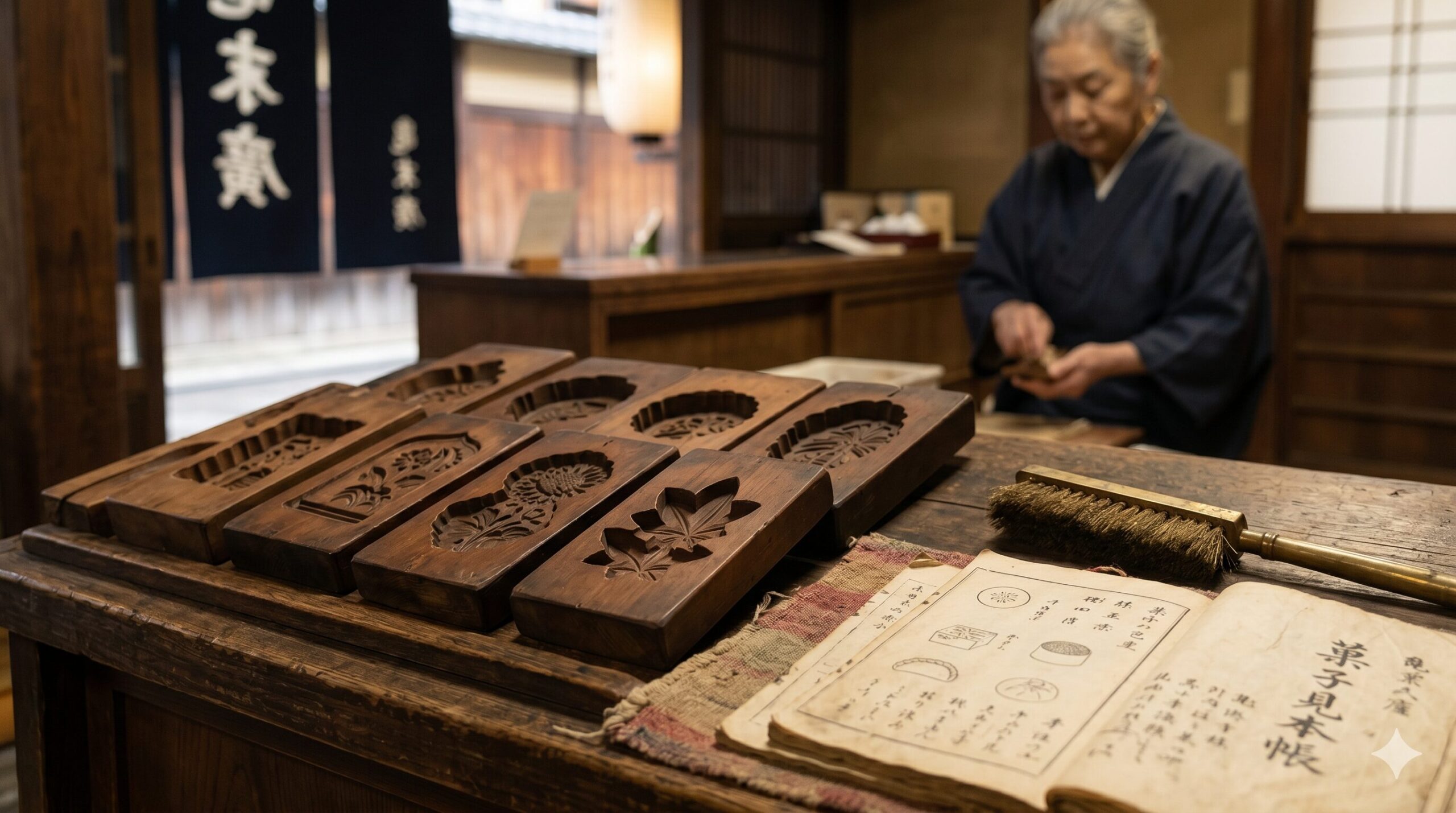京都の老舗、亀末廣の店内に古くから伝わる干菓子の木型や菓子見本帳。職人技の歴史を物語る。