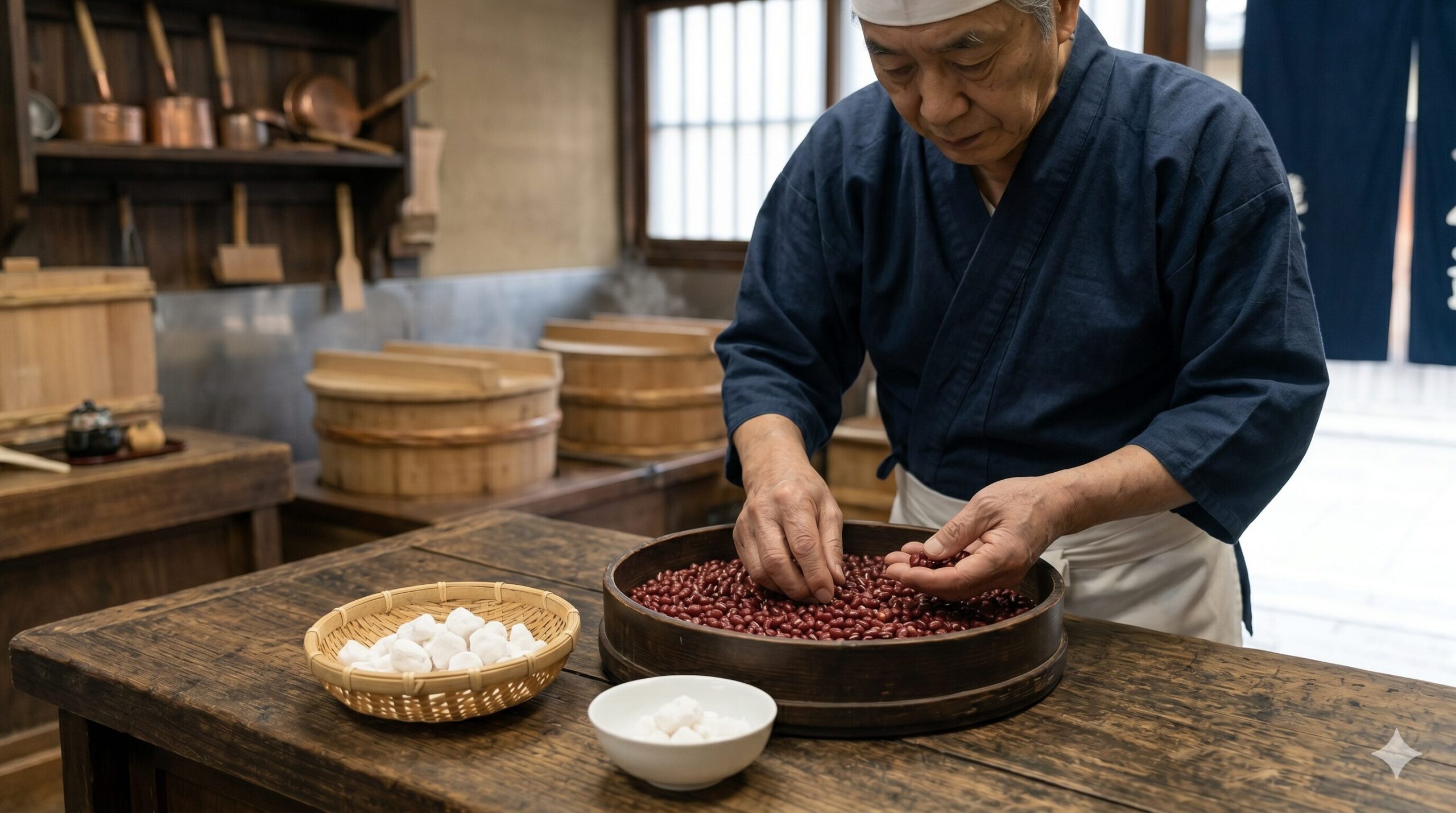 亀末廣の和菓子職人の手によって、厳選された大粒の丹波大納言小豆や最高級の和三盆糖が丁寧に扱われている様子。素材本来の質感が伝わる。