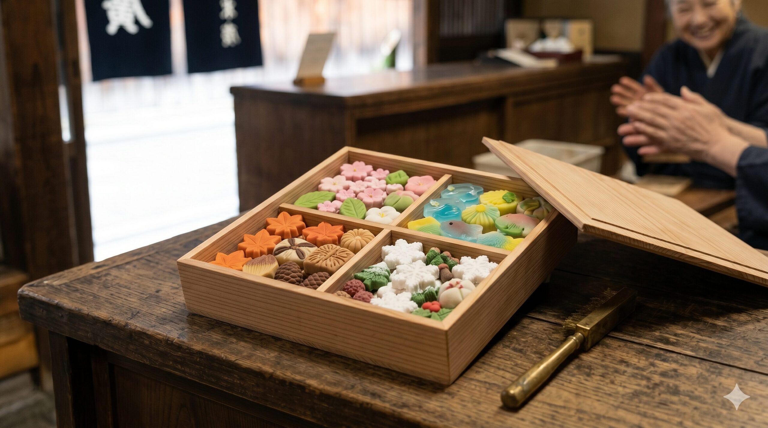 亀末廣の看板商品「京のよすが」。秋田杉の箱に、四季の移ろいを表現した色とりどりの干菓子や半生菓子が、パズルのように美しく敷き詰められている。