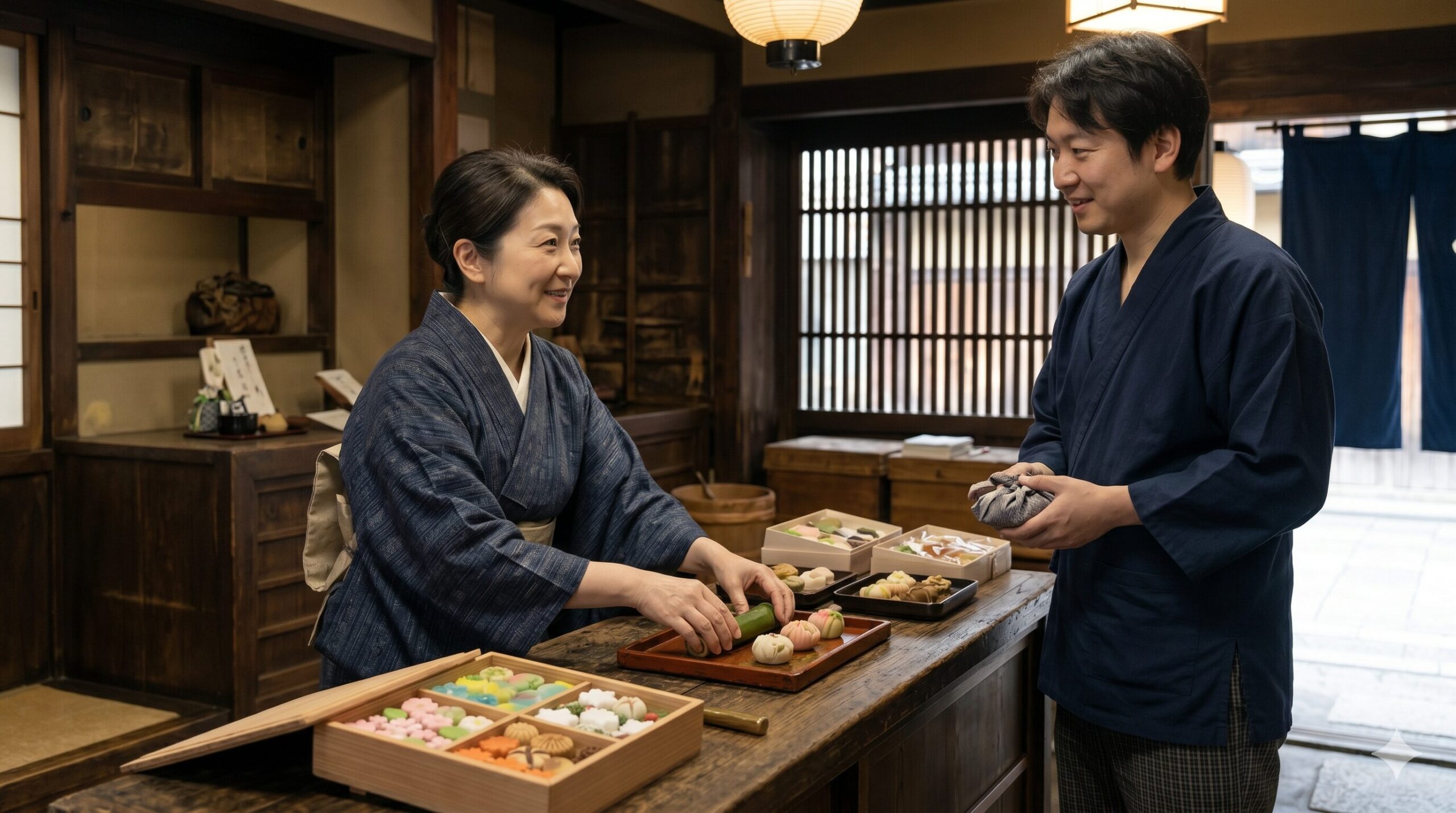 京都の老舗・亀末廣の飴色に輝く木製カウンター越しに、日本人の店員が和服姿で客と対話しながらお菓子を誂える「対面販売」の様子。店内は静謐で格式高い。