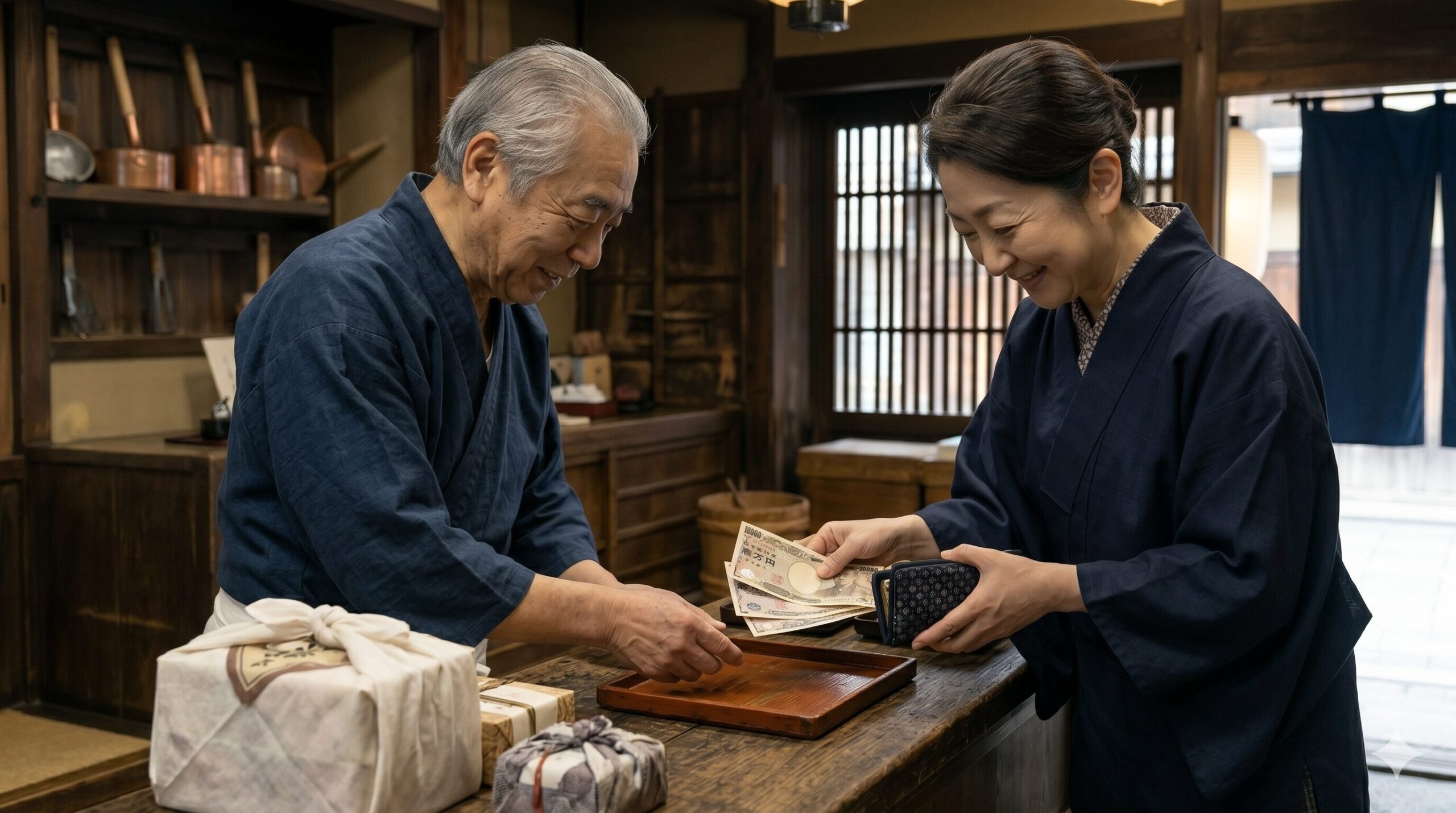 京都の老舗、亀末廣の飴色に輝く木製カウンターにて、和服姿の日本人女性客が買い物の会計のために、日本円の紙幣を数えて現金で支払う様子。クレジットカードや電子マネーは利用できない。
