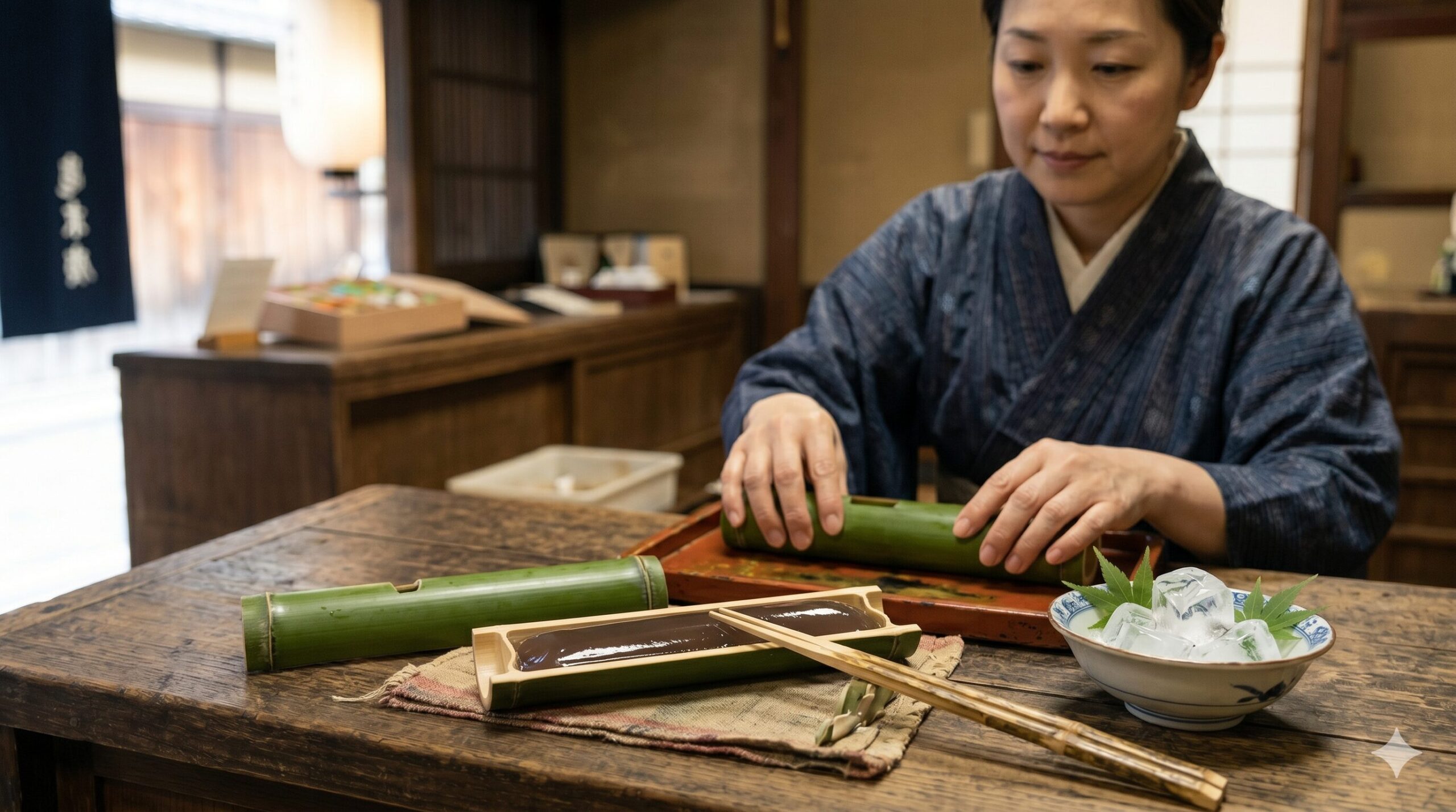 亀末廣の夏季限定銘菓、竹筒入りの水羊羹「竹裡（ちくり）」。涼やかな竹筒に、滑らかで瑞々しい羊羹が流し込まれている。
