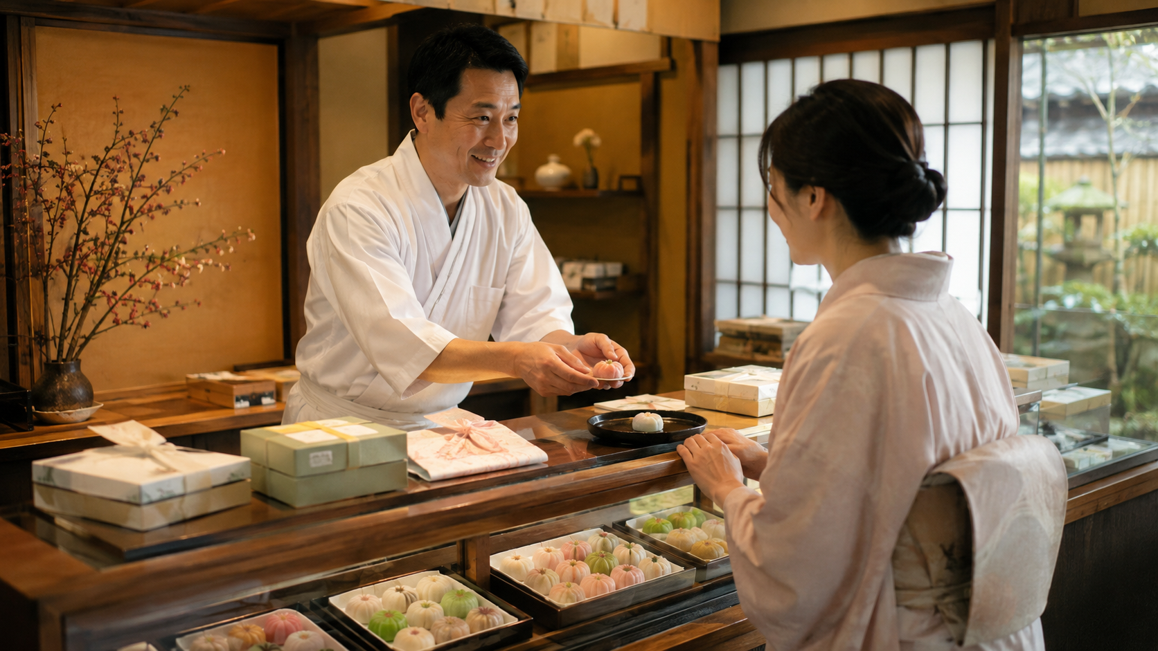 京都の老舗和菓子店で客と向き合う一対一の商いをイメージした接客風景
