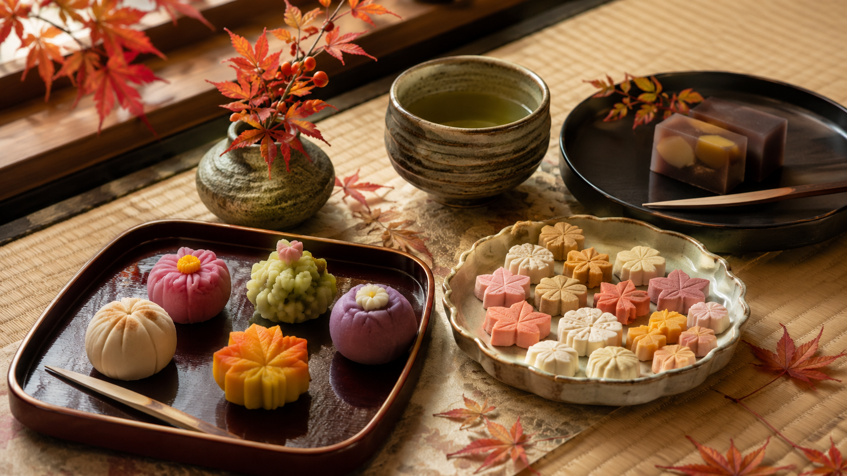 秋の季節感を表現した京菓子と落雁、栗菓子、緑茶の茶席
