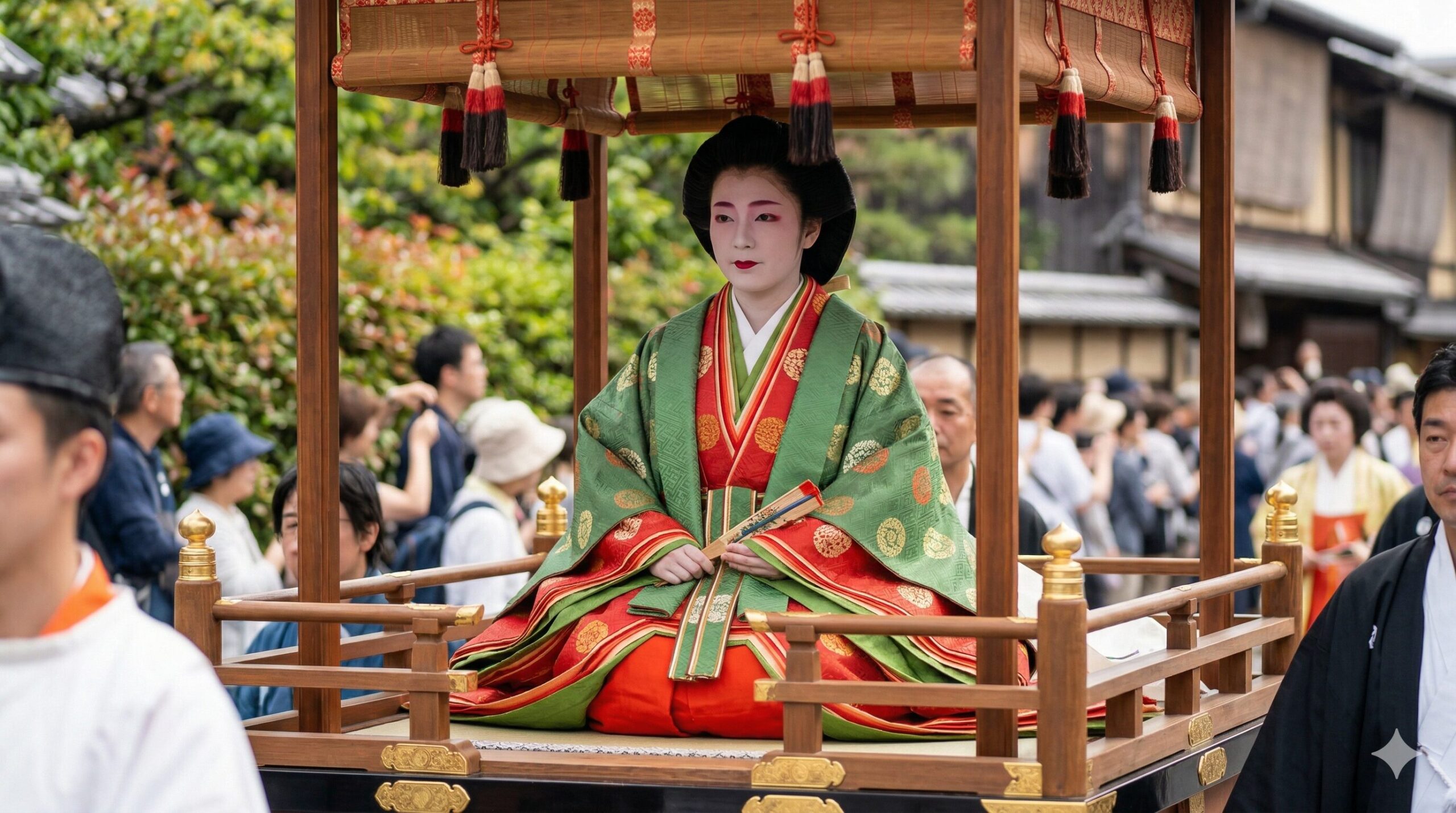 京都の葵祭の路頭の儀で、輿に乗って静かに進む、十二単を纏った斎王代の優雅な姿。