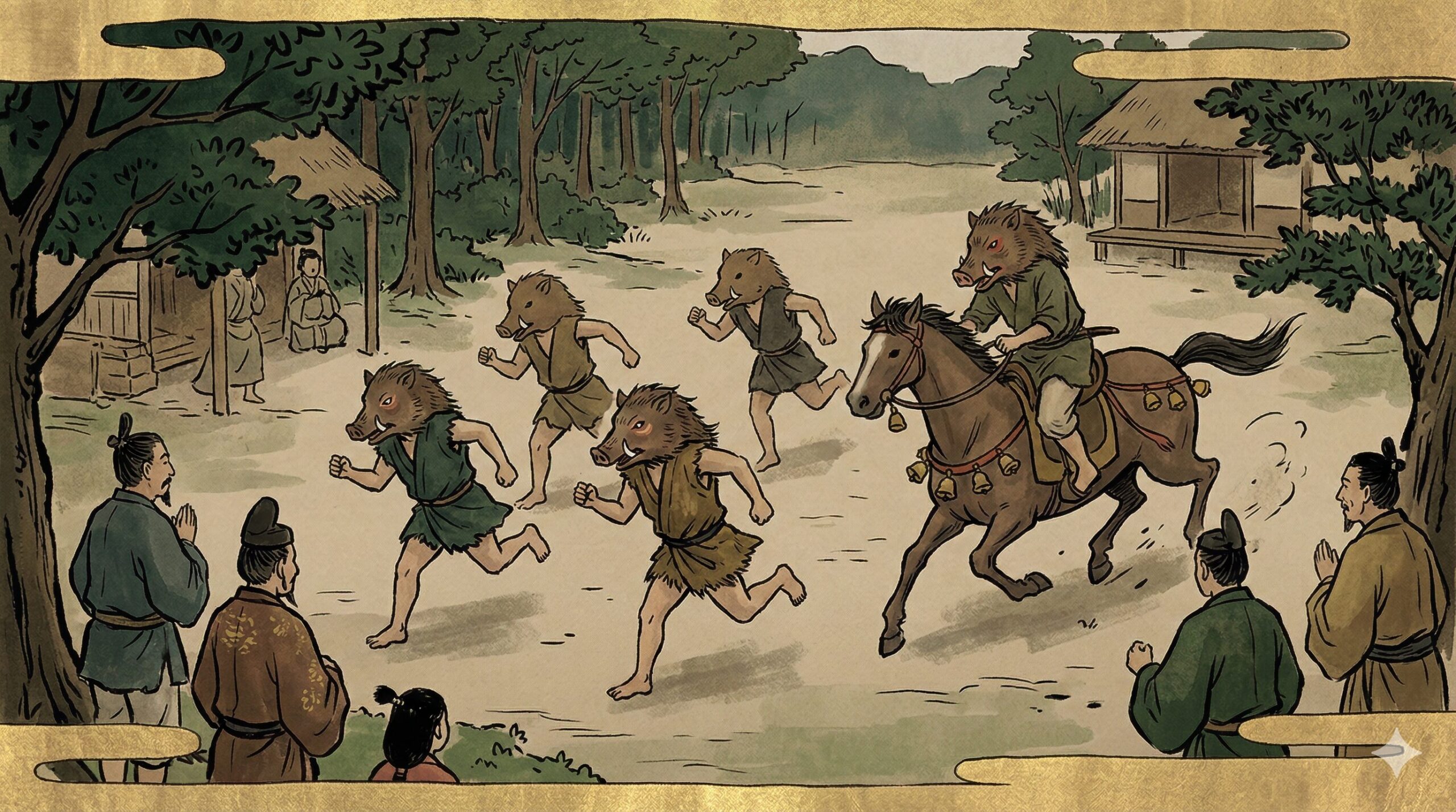 葵祭の起源とされる、欽明天皇の時代に行われた、猪の頭を被り鈴を付けた馬を走らせる神事の想像図。