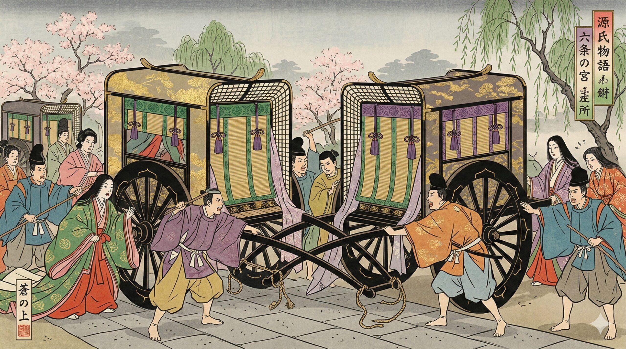 源氏物語「葵」の巻に描かれた、賀茂祭（葵祭）の日、葵の上と六条御息所の牛車が見物場所を巡って衝突する「車争い」の場面。
