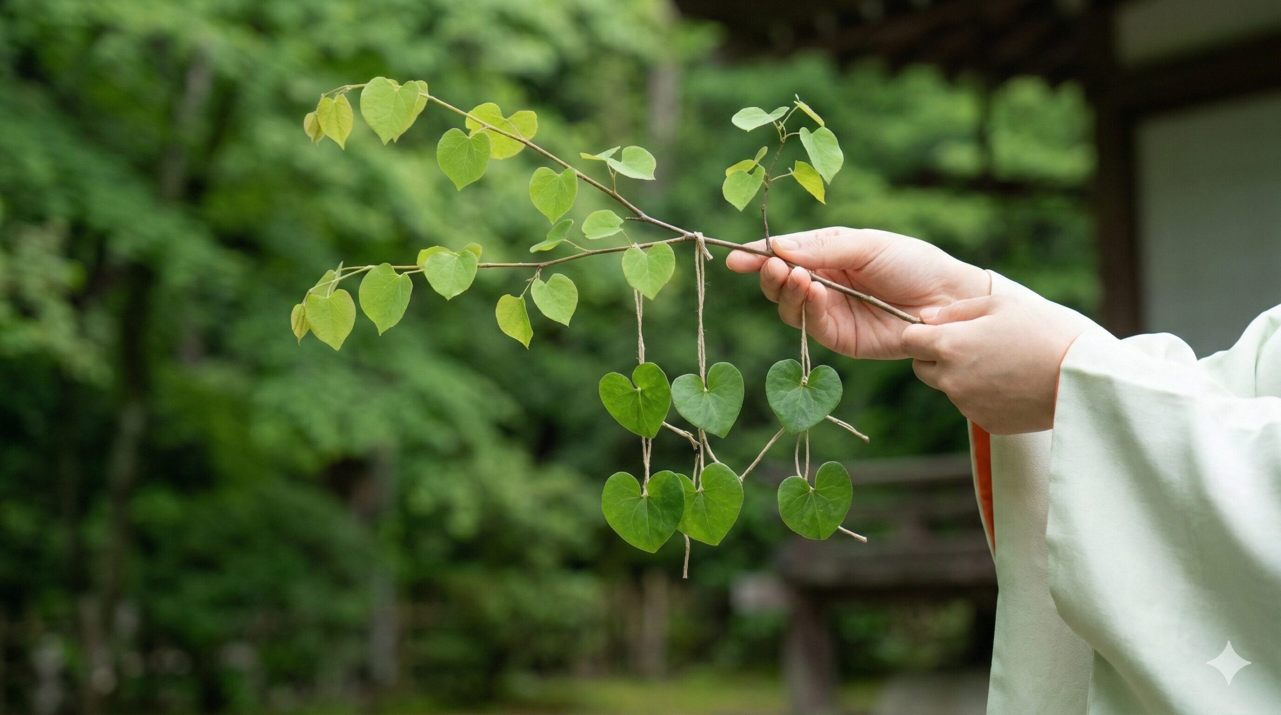 葵祭で参列者の冠や牛車に飾られる、桂の小枝に二葉葵（フタバアオイ）を絡ませた「葵桂（あおいかつら）」のクローズアップ。