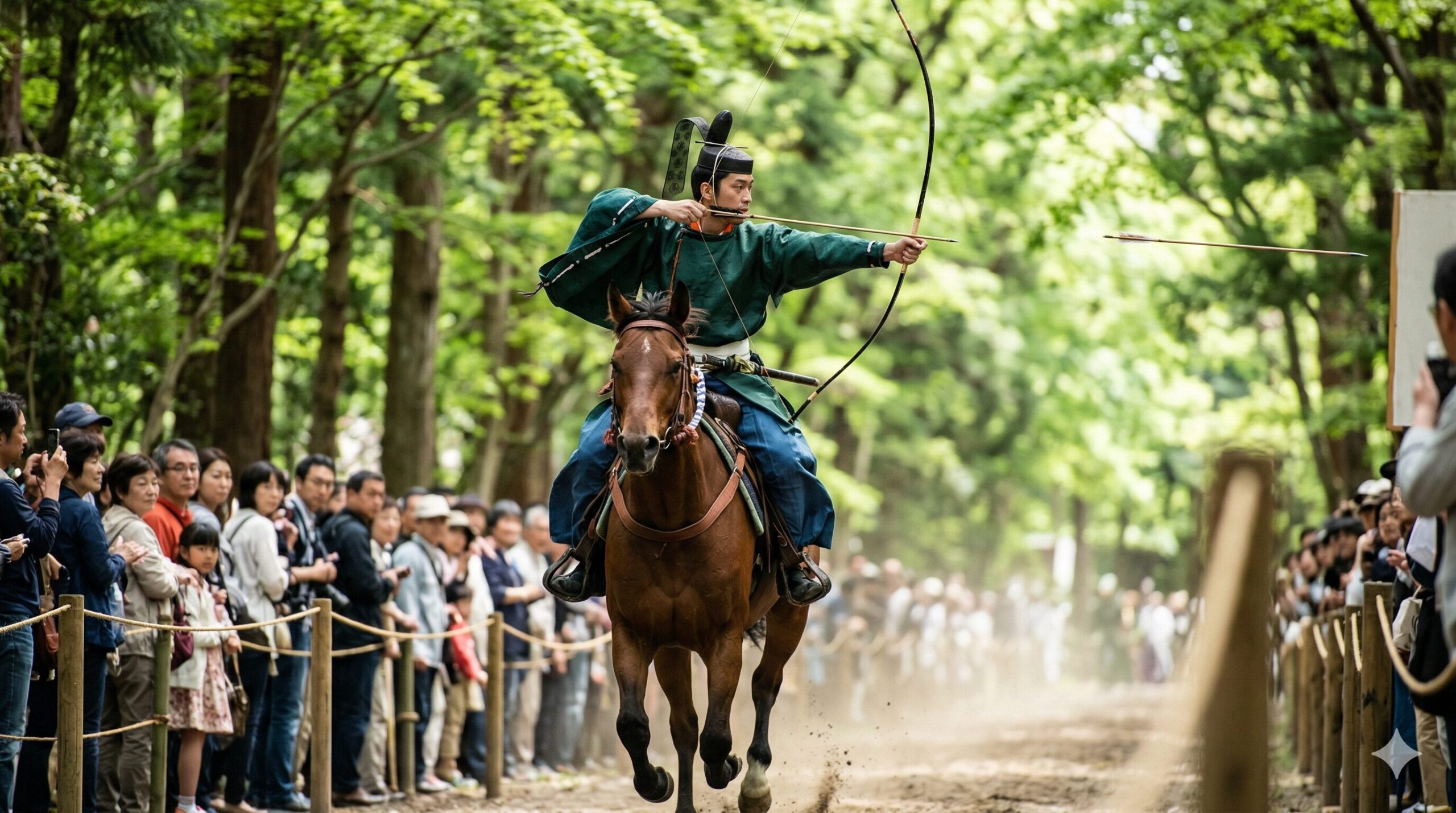下鴨神社の糺の森で行われる葵祭の前儀「流鏑馬神事」で、疾走する馬上から的を射抜く公家装束の射手の勇壮な姿。