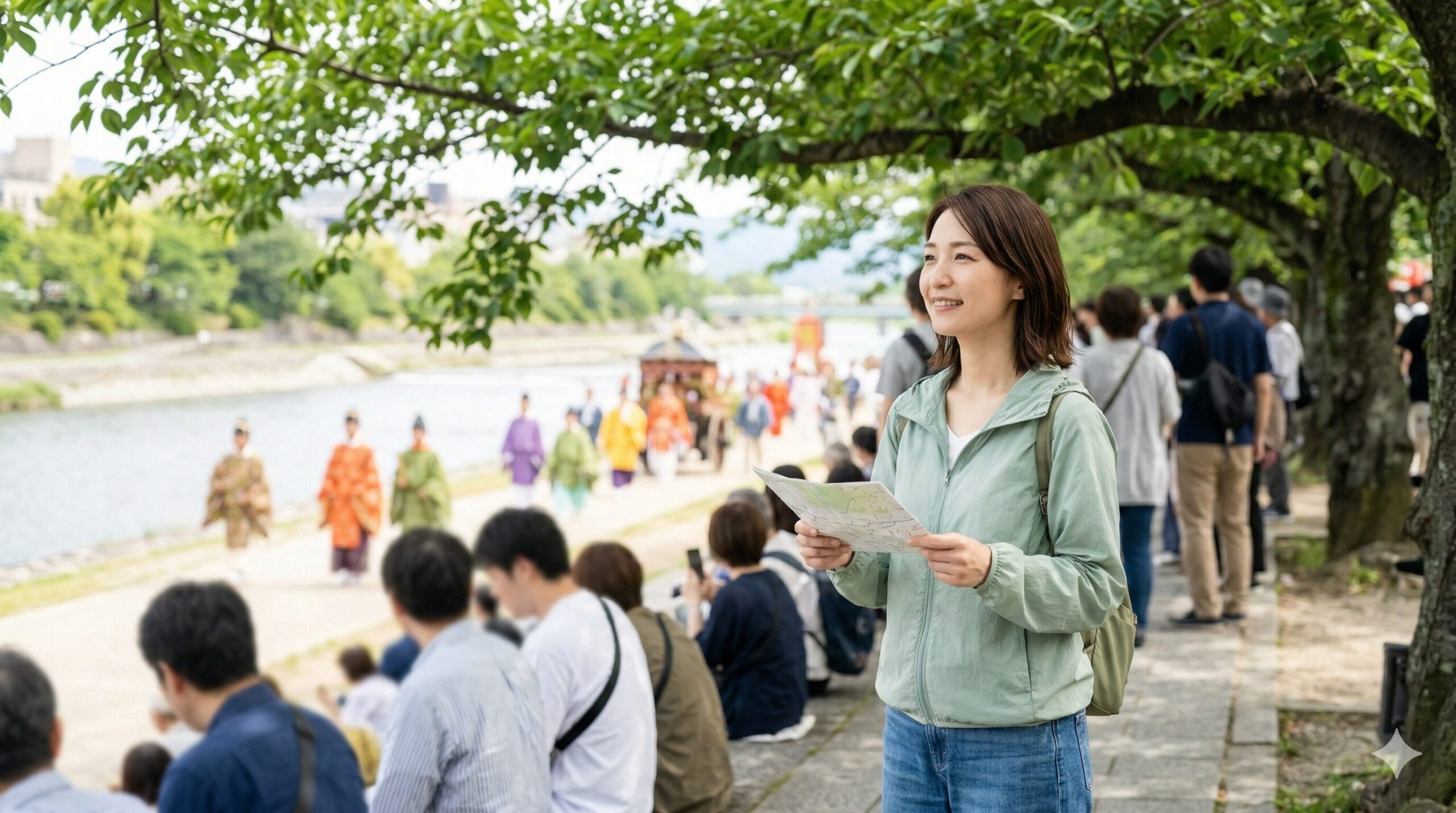葵祭の行列を快適に楽しむために、鴨川沿いや加茂街道の木陰で、地図を片手にリラックスした様子で巡行を待つ日本人女性の観光客。