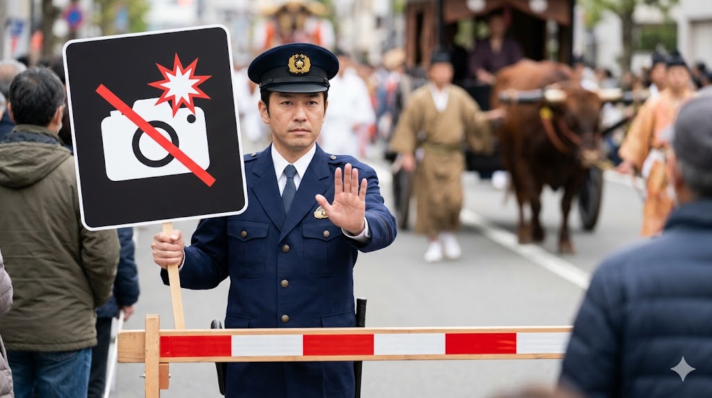 葵祭の観覧マナーとして、牛車や馬が通過する際にフラッシュ撮影を禁止する啓発看板と、それを静かに指し示す日本人警備員の姿。