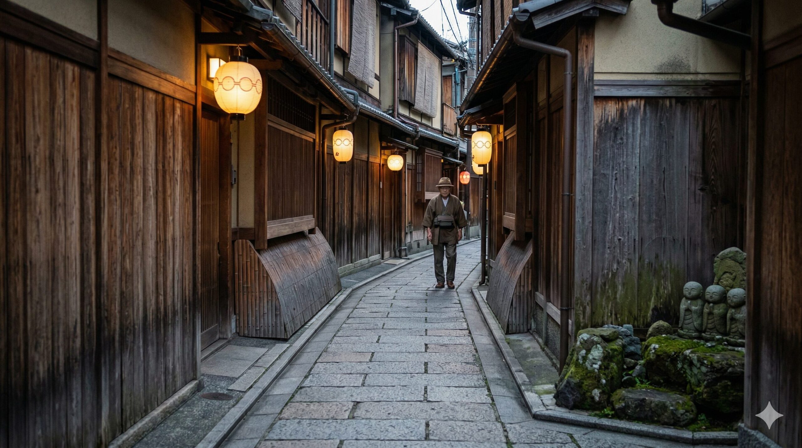夕暮れ時の京都の細い路地。石畳の道、木造の町家、柔らかく灯る提灯、そして奥へ歩く伝統的な帽子をかぶった男性。