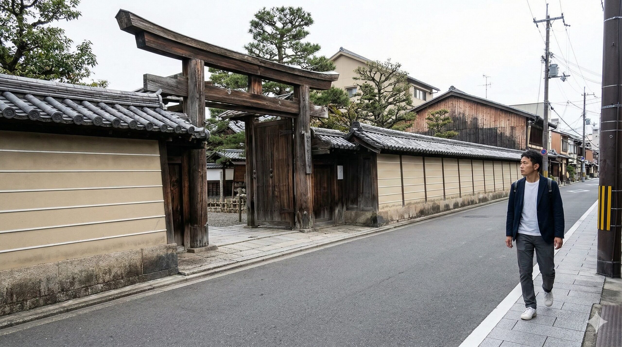 現代の京都の街並み。アスファルトの道路が五條天神宮(天使様)の古びた木造の境界壁を鋭く切り裂いている。Fragmented(断片化された)門と現代的な服装の歩行者。
