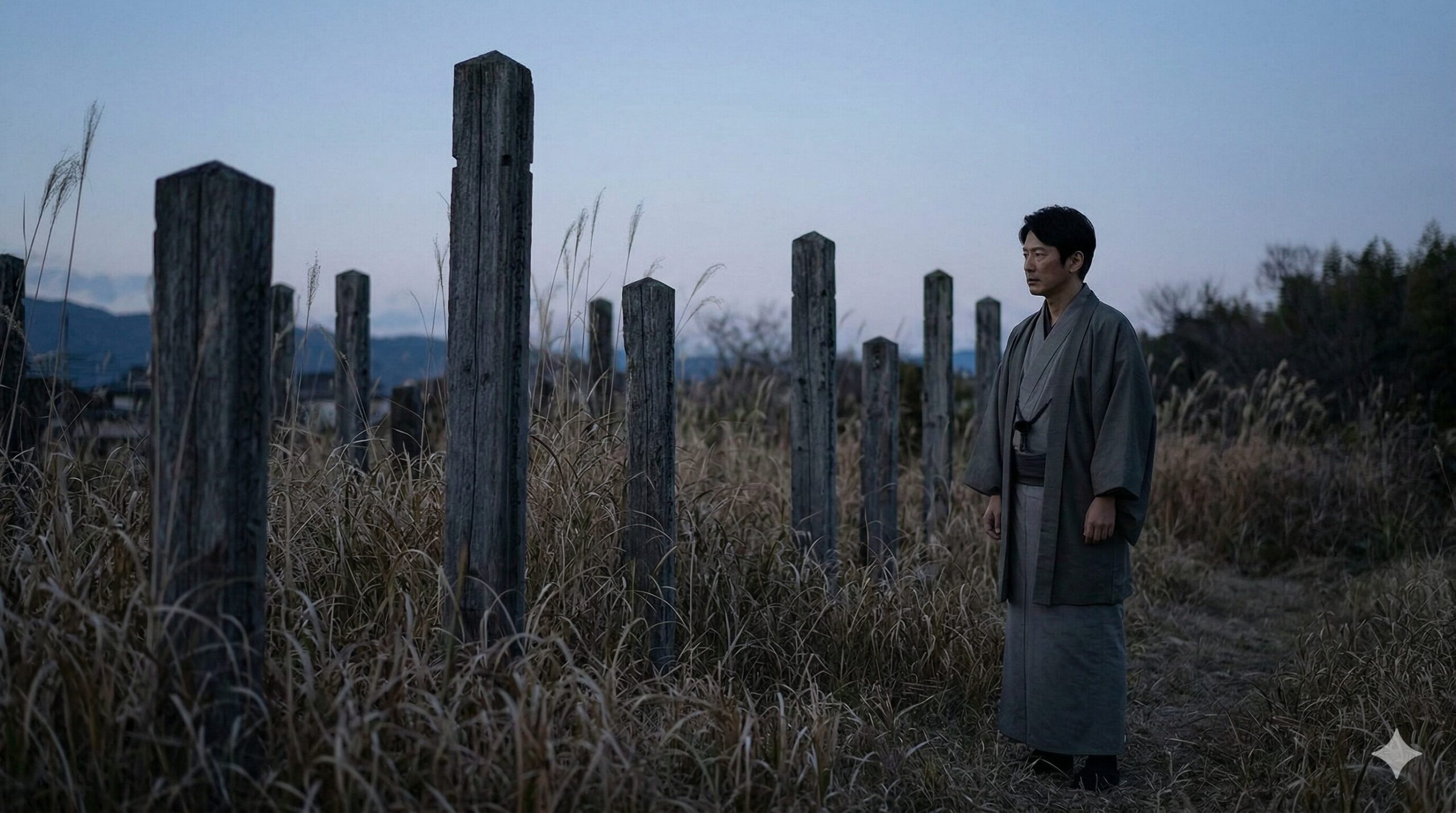 暮れ時の京都の静かで少し荒涼とした場所。背の高い枯れ草の中に、古びた木製の柱や碑が立っている。現代的な服装の男性が静かに佇んでいる。