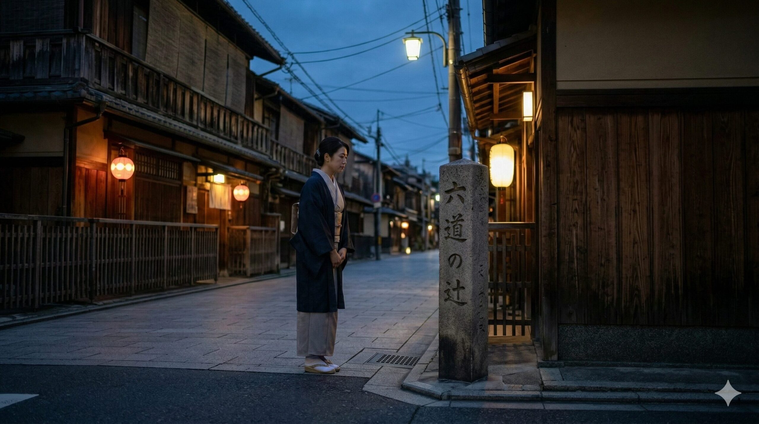 夕暮れ時の京都、六道の辻交差点。薄暗い街灯と伝統的な建物からの提灯の光。現世と冥界の境界を示す古びた石碑と、それを観察する現代的な服装の女性。