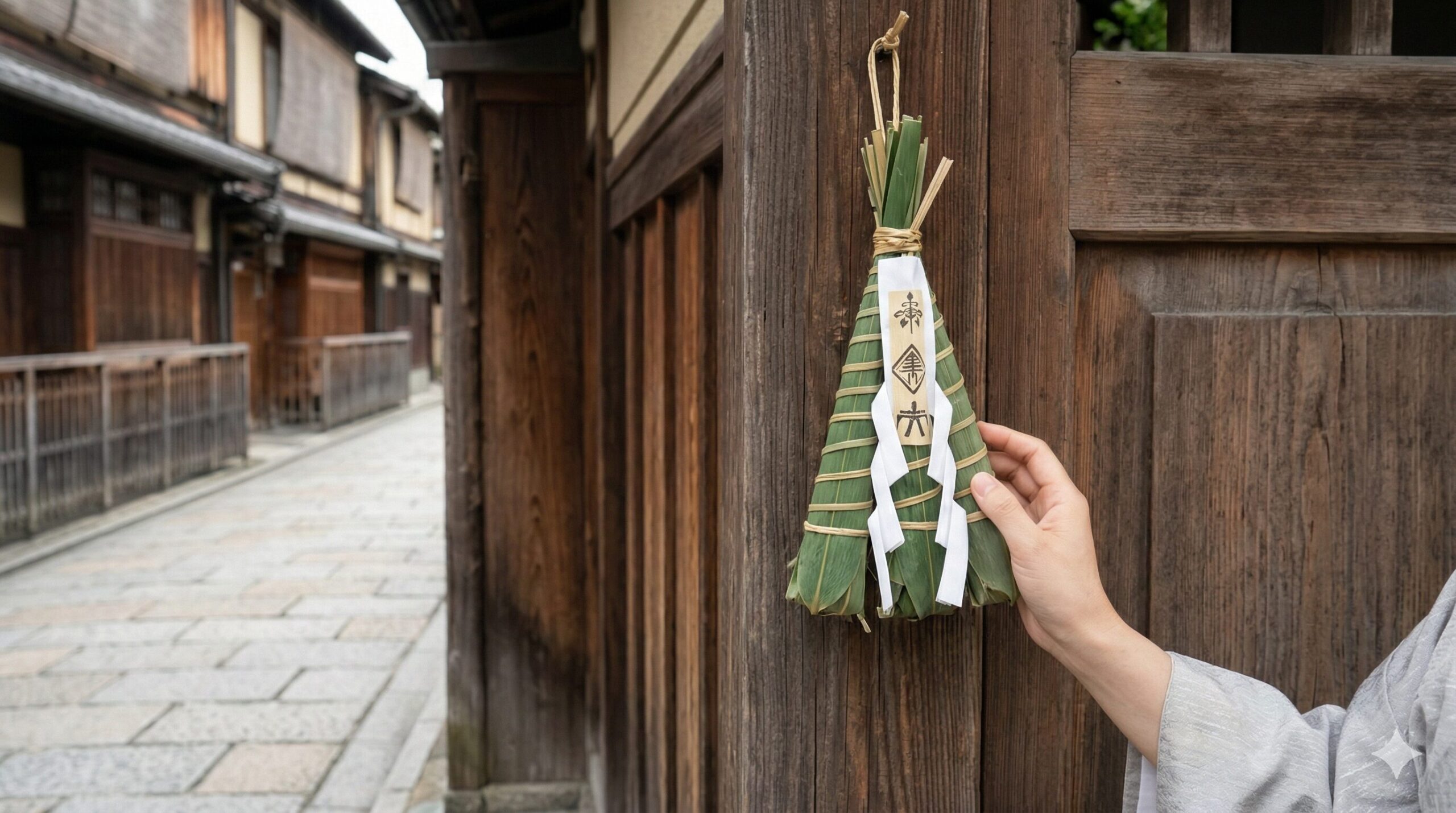 京都の伝統的な家庭の玄関。風化した木造のドアの横に、結ばれた笹の葉と紙で作られた祇園祭の粽(ちまき)お守りが掛けられている。女性の手がお守りを調整している。