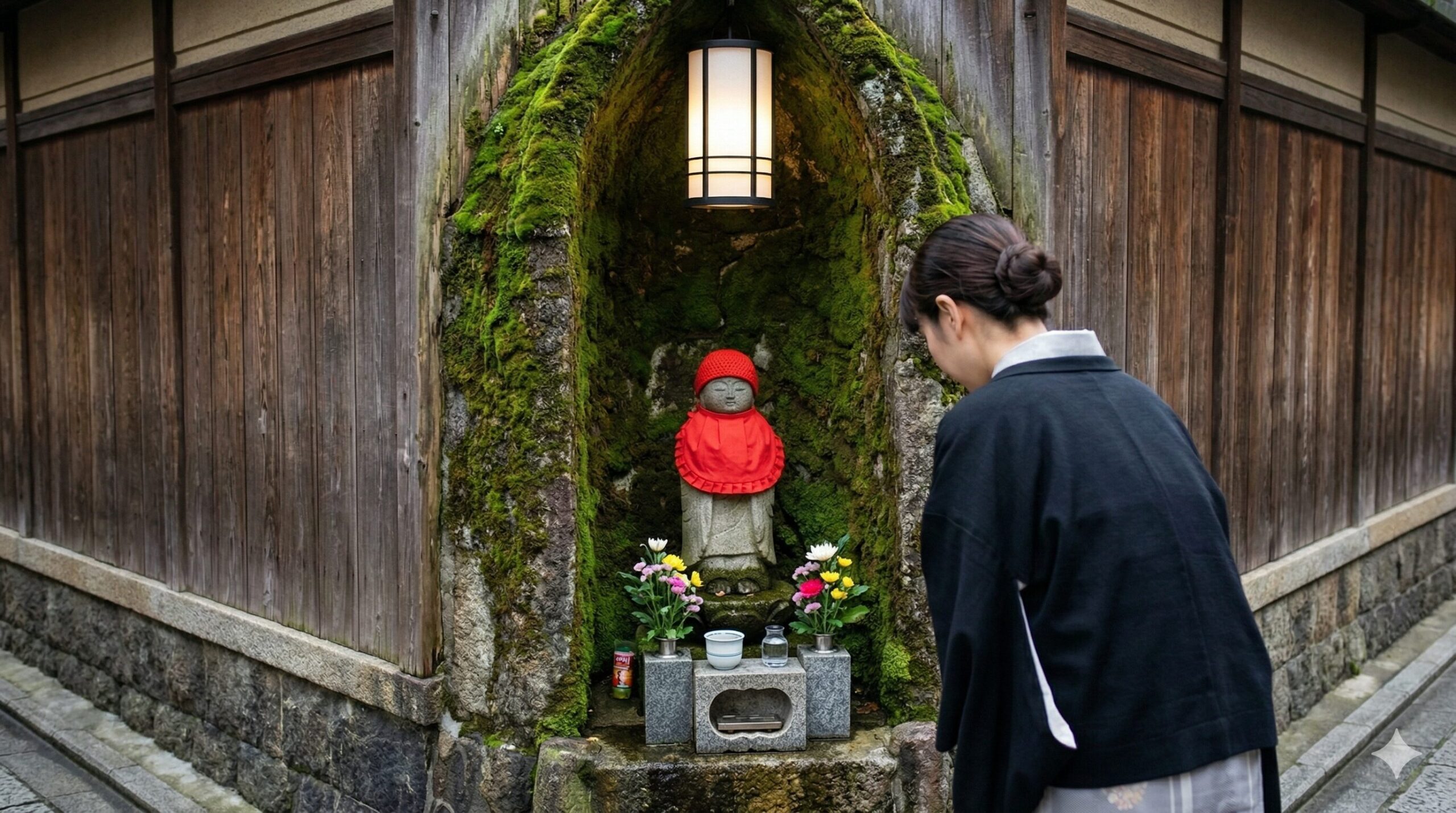 京都の伝統的な路地の角。苔むした小さな石窟に、新鮮な赤い前掛けを着た小さなお地蔵様が祀られている。提灯の光に照らされ、女性が後ろ姿で一礼している。