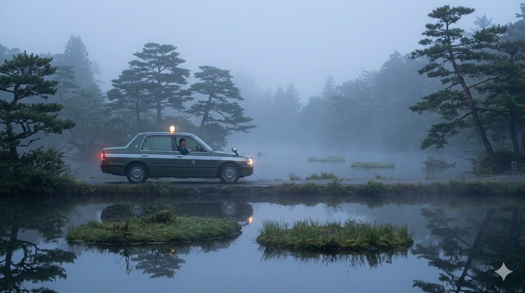 暮れ時の京都、深泥池。池の平らな水面と霧に包まれた松の木、独特な浮島。ライトをつけた現代的なタクシーが狭い道路に停まり、運転手が池を眺めている。