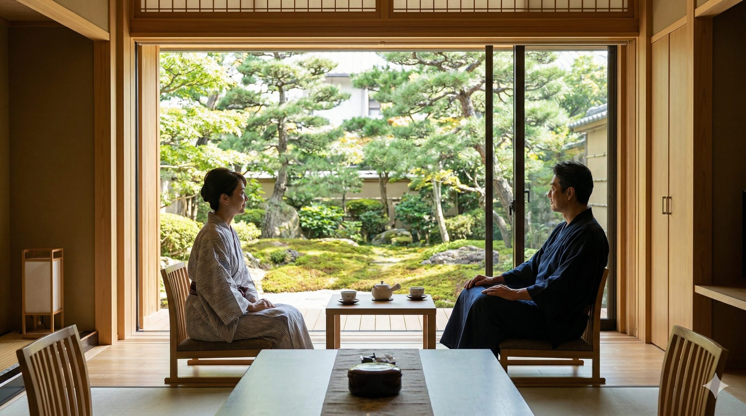 京都のラグジュアリーホテルで、美しい庭園を眺めながらくつろぐ日本人の大人夫婦。静寂と文化的体験を提供する滞在。