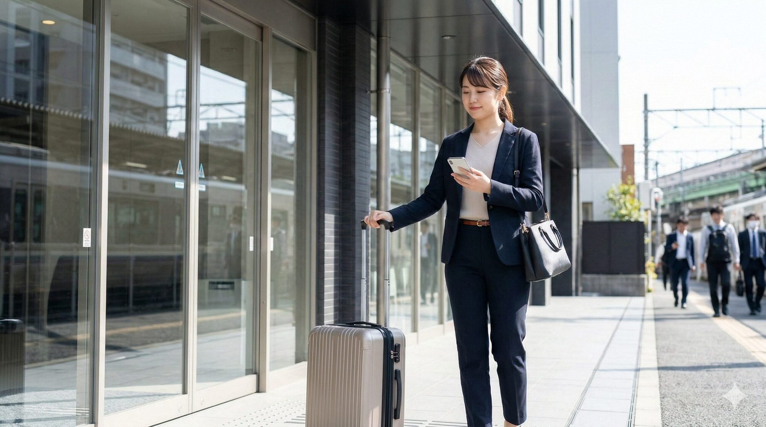 京都駅周辺の利便性の高いホテルへ、スーツケースを持って到着する日本人の女性旅行者。