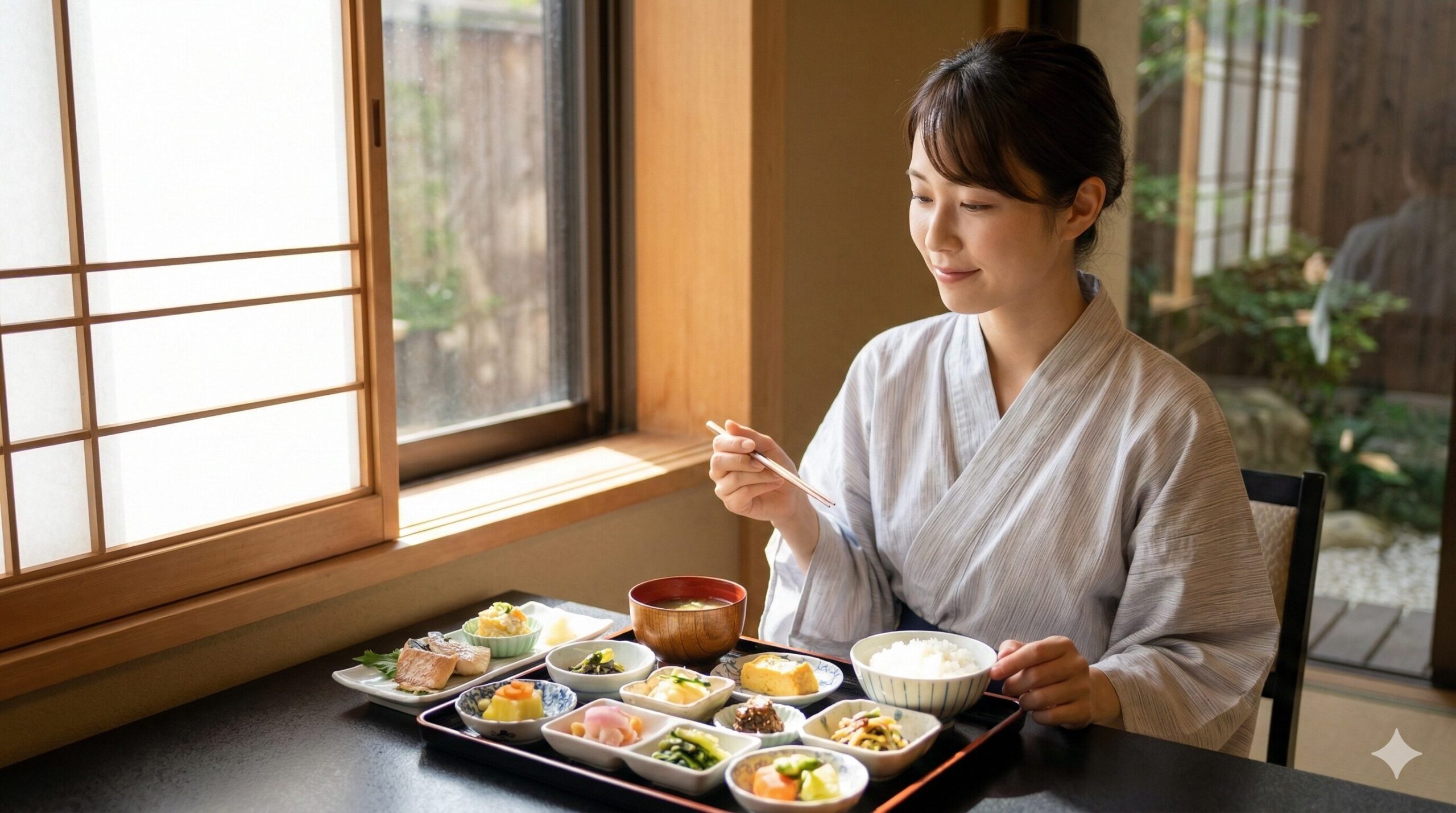 京都の宿で、豪華な「おばんざい朝食」を一人で楽しむ日本人女性旅行者。ひとり旅でも安心な滞在。