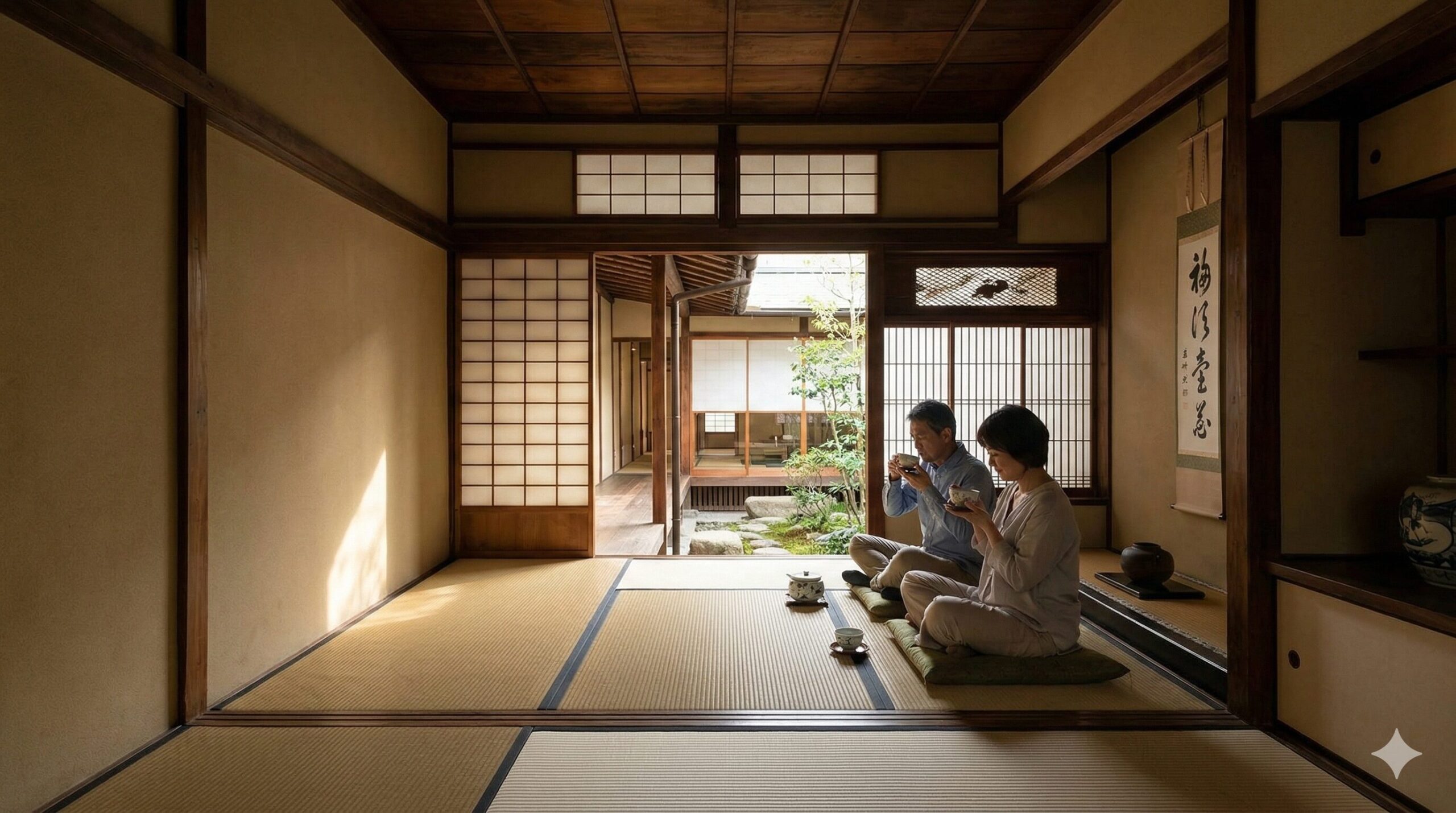 京都の伝統的な京町家（一棟貸し）の内部で、庭を眺めながら静かに過ごす日本人の大人夫婦。「暮らすような滞在」を体現。