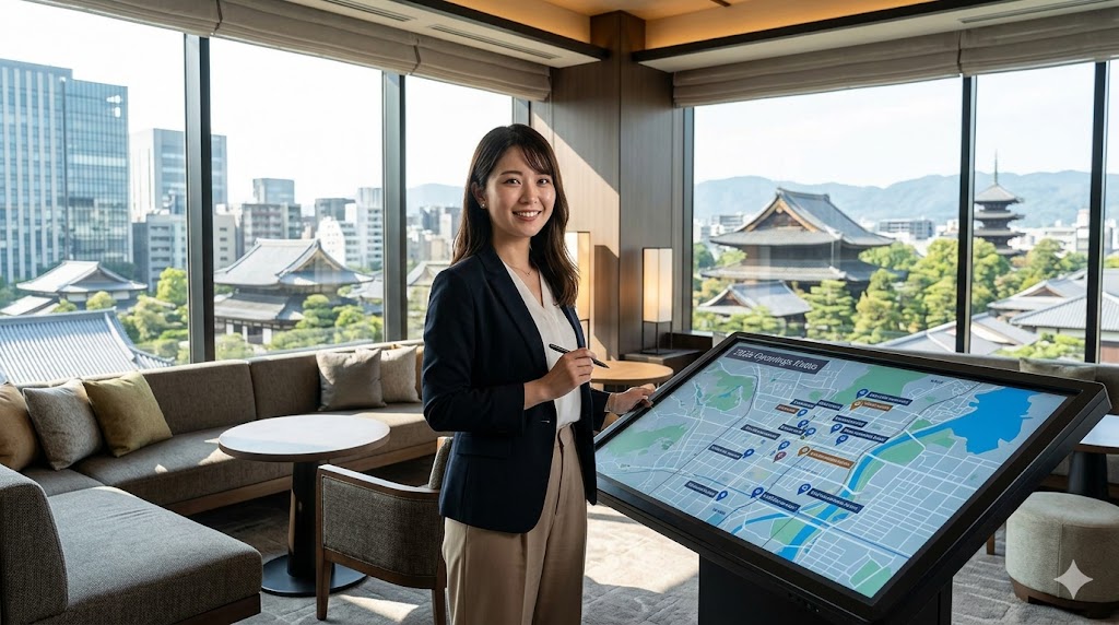 京都の新旧が融合する街並みを背景に、2026年の新規ホテル開業情報を確認する「日本文化ラボ」運営者の日本人女性。記事のE-E-A-T向上のための画像。