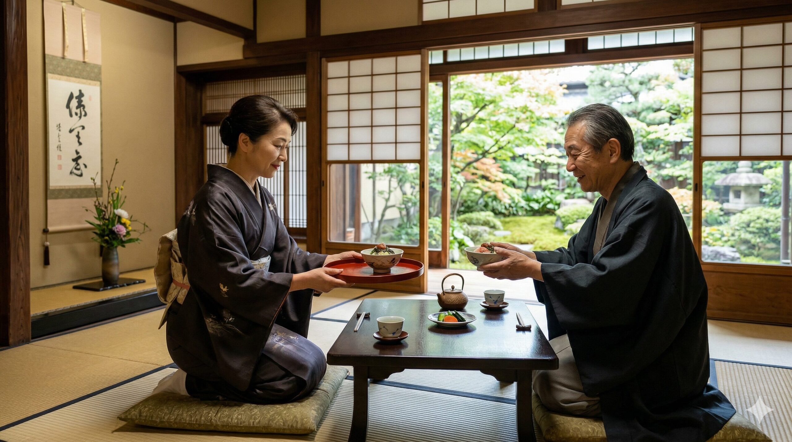 京都の和室で、上品な日本女性の主人が客にぶぶ漬け(お茶漬け)を勧める、本音と建前のコミュニケーションシーン