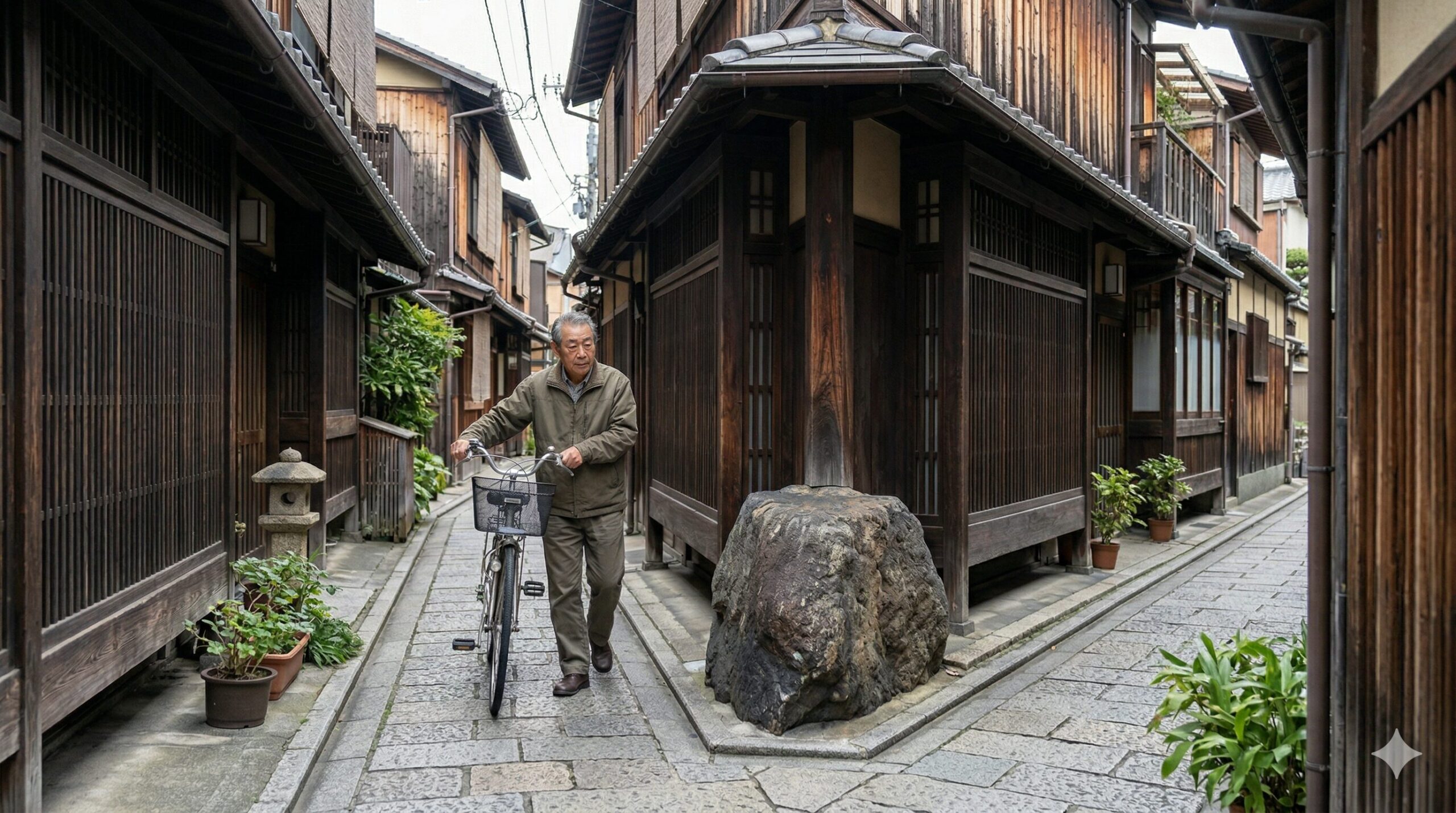 京都の狭い路地の角に置かれた大きな「いけず石」と、通行する自転車