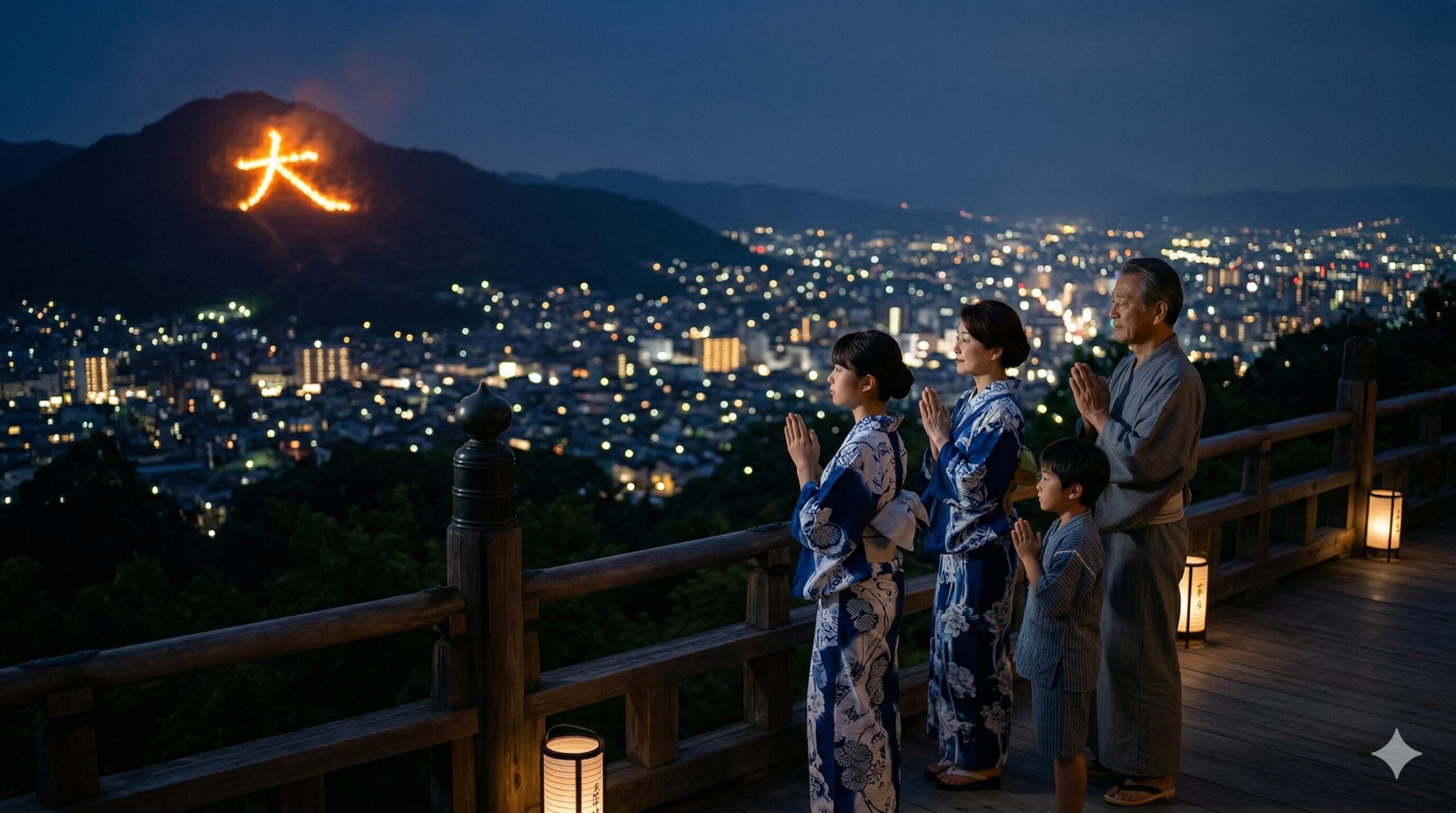 京都の夏の夜、五山送り火の「大」の文字を遠くに眺め、和服姿で静かに手を合わせる日本人の家族