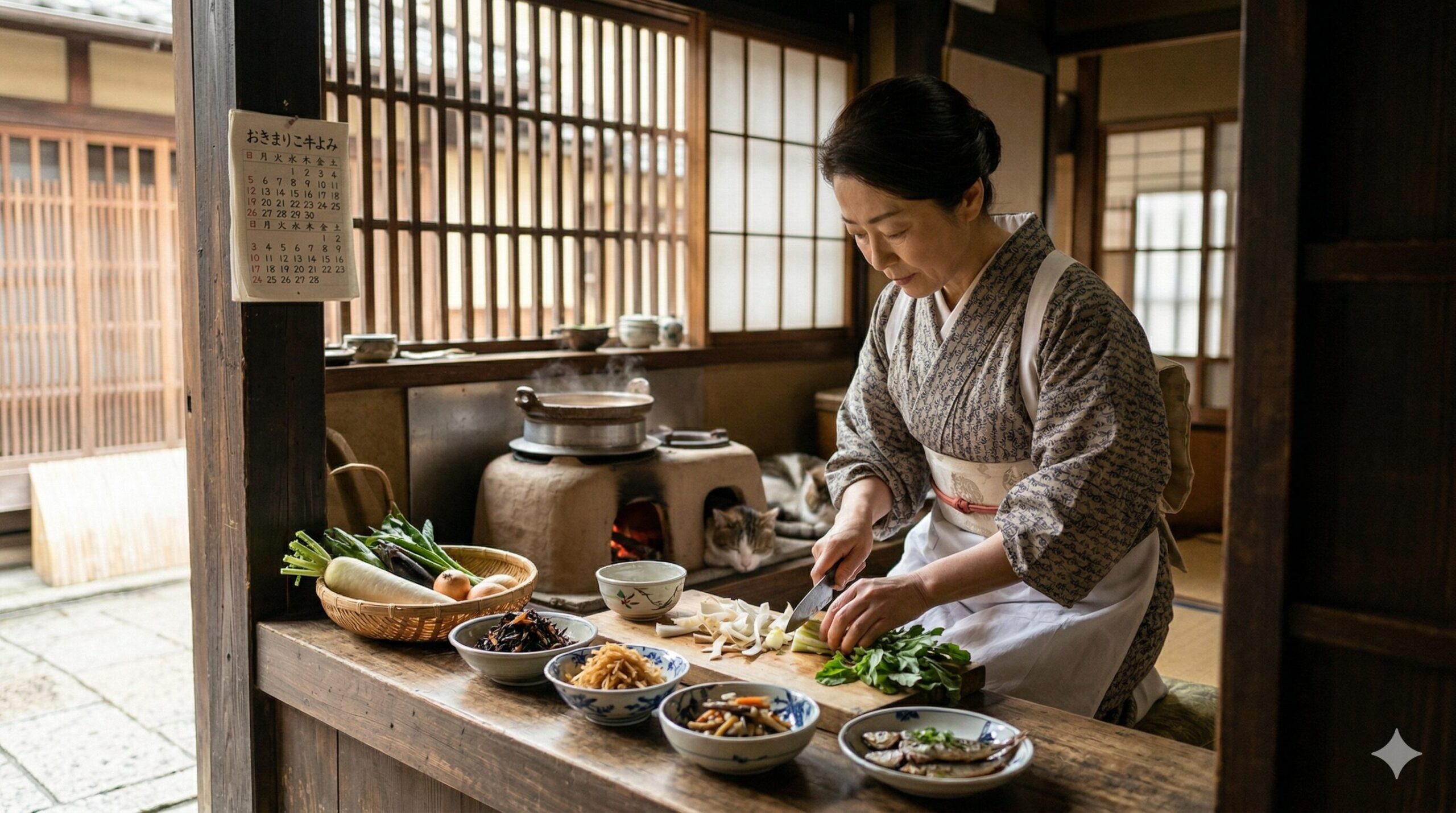 京都の古い町家のキッチンで、和服姿の日本女性が食材を無駄なく使い切り、おばんざいを作る様子