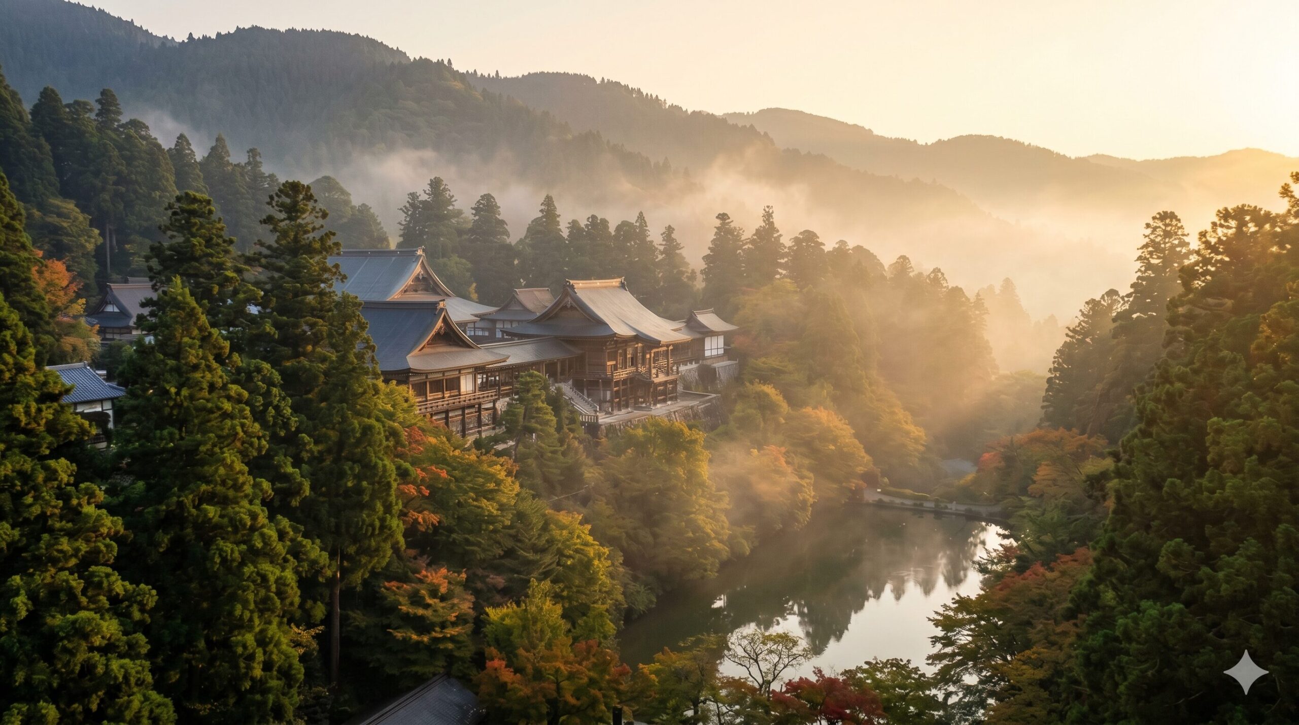 朝霧に包まれる比叡山の山並みと、歴史を感じさせる延暦寺の伽藍（がらん）の風景。阿闍梨餅の歴史の舞台となった荘厳な場所のイメージ。