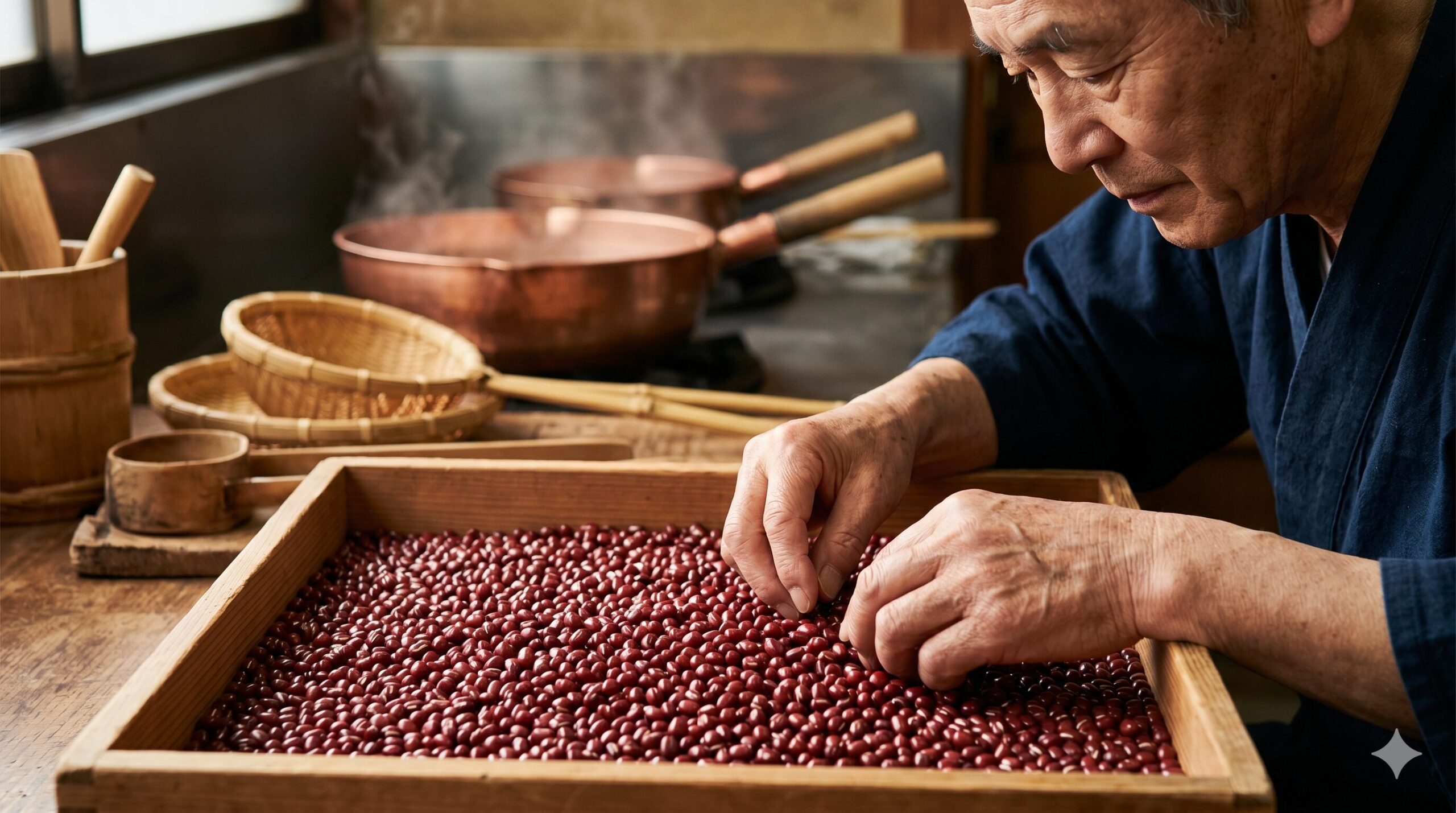 京都の老舗菓子司で、熟練の職人が一粒ずつ厳選する最高級の丹波大納言小豆。その深い赤色と艶が、品質へのこだわりを物語る。