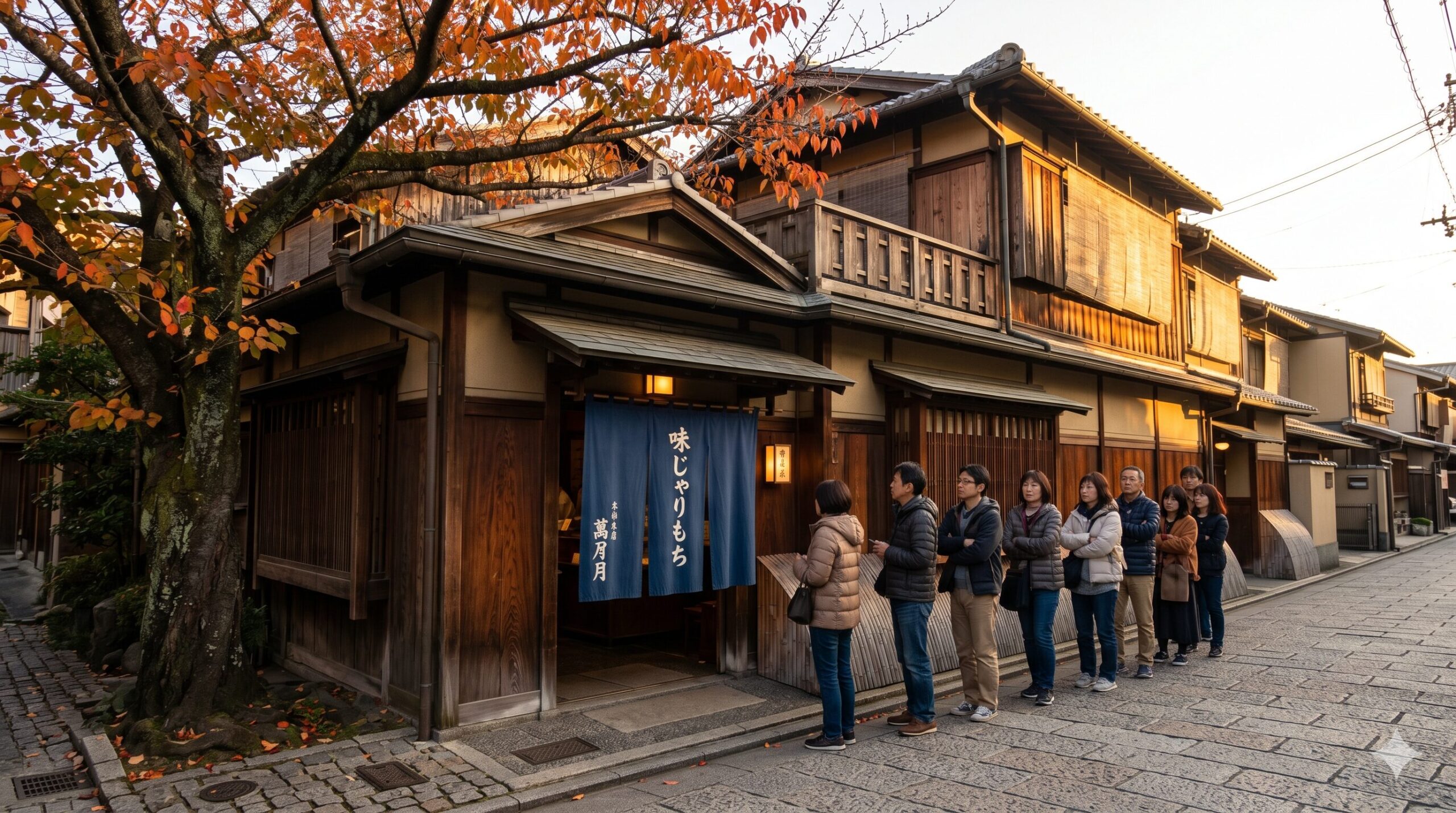 京都の街並みに溶け込む、阿闍梨餅本舗満月本店の情緒ある老舗らしい佇まい。暖簾をくぐる人々の姿が見える。
