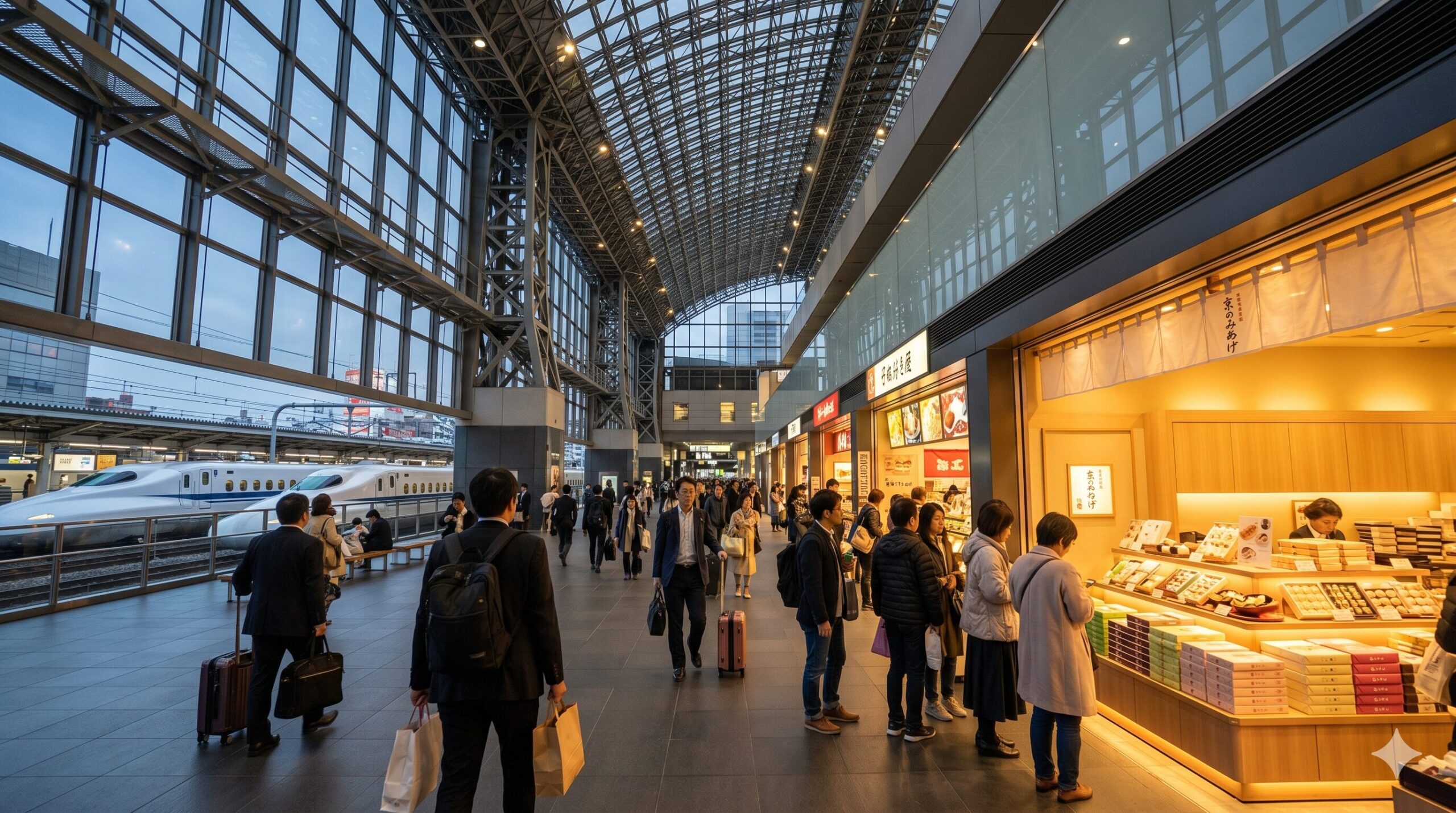 京都駅新幹線改札内にある「京のみみやげ」売場の活気ある様子。土産物を選ぶ旅行客や、新幹線の発着を待つ人々で賑わっている。