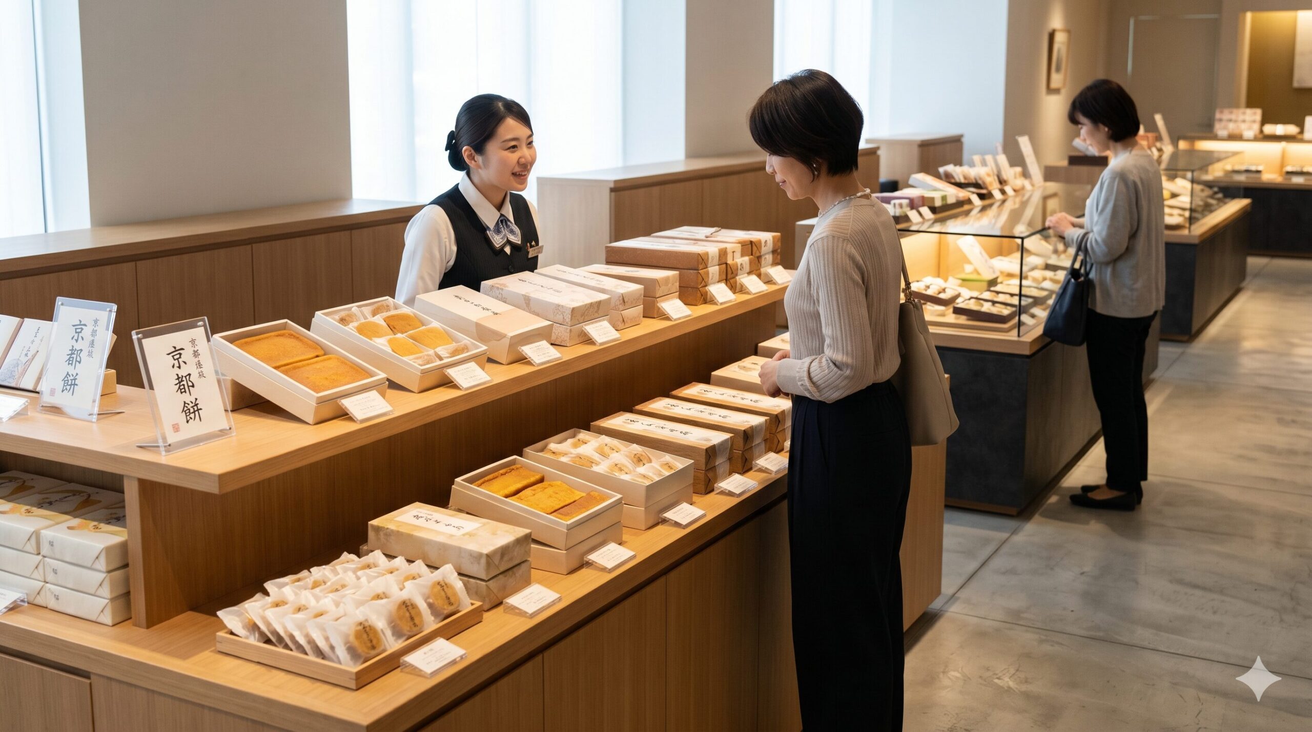 東京の百貨店の「諸国銘菓」コーナーに設けられた阿闍梨餅の特設売り場。京都から毎日直送される新鮮な商品が並び、人気を集めている。