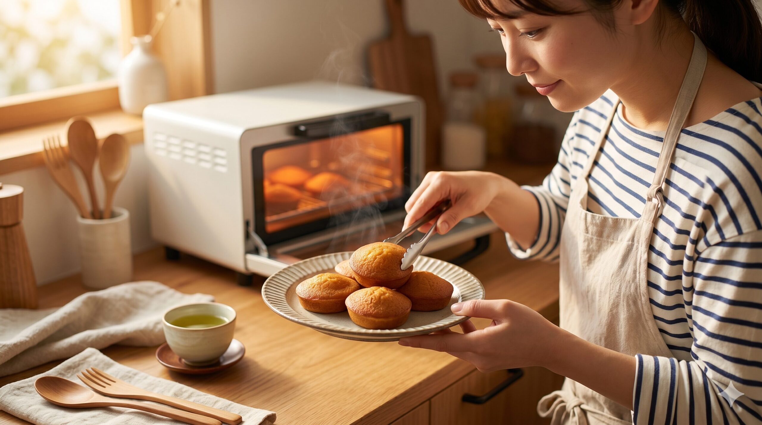 家庭のキッチンで、トースターから取り出されたばかりの、ふっくらと温まった阿闍梨餅。焼き立ての香ばしい匂いが立ち上るイメージ。