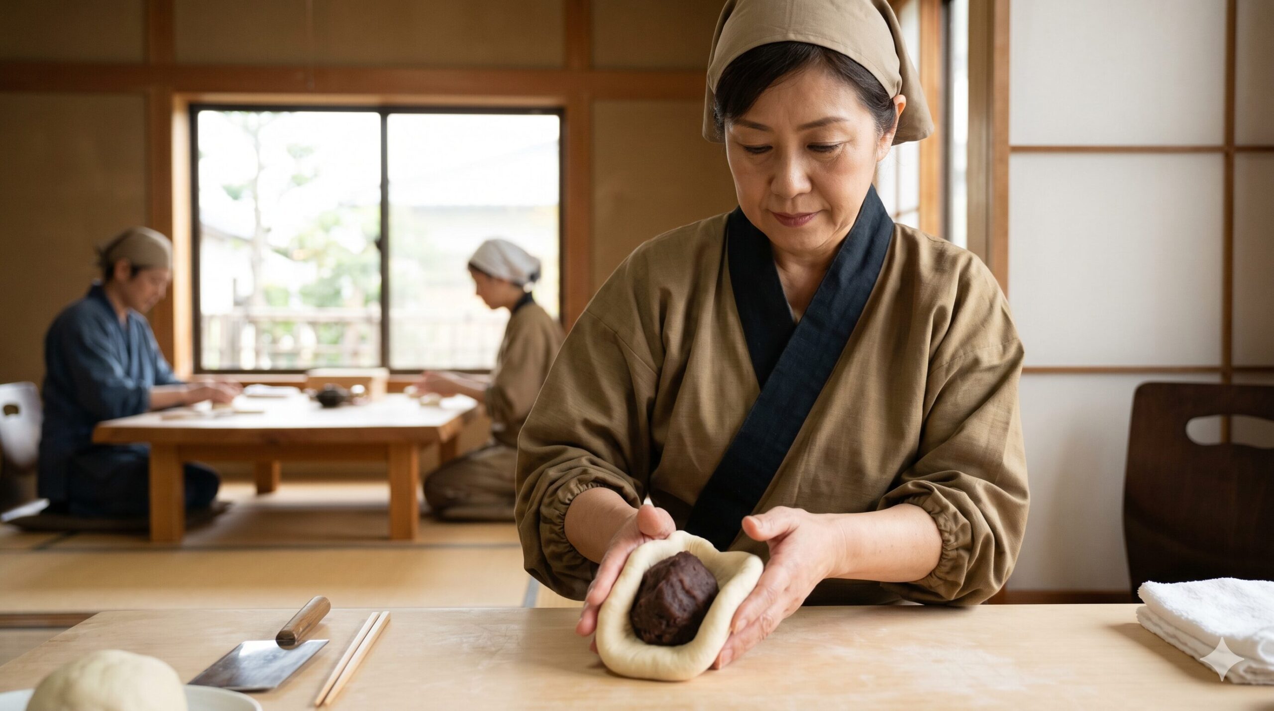 京都の伝統的な工房で、熟練した職人が阿闍梨餅を一つひとつ手作業で丁寧に成形している様子。職人の技術と手仕事の温かさが伝わる。